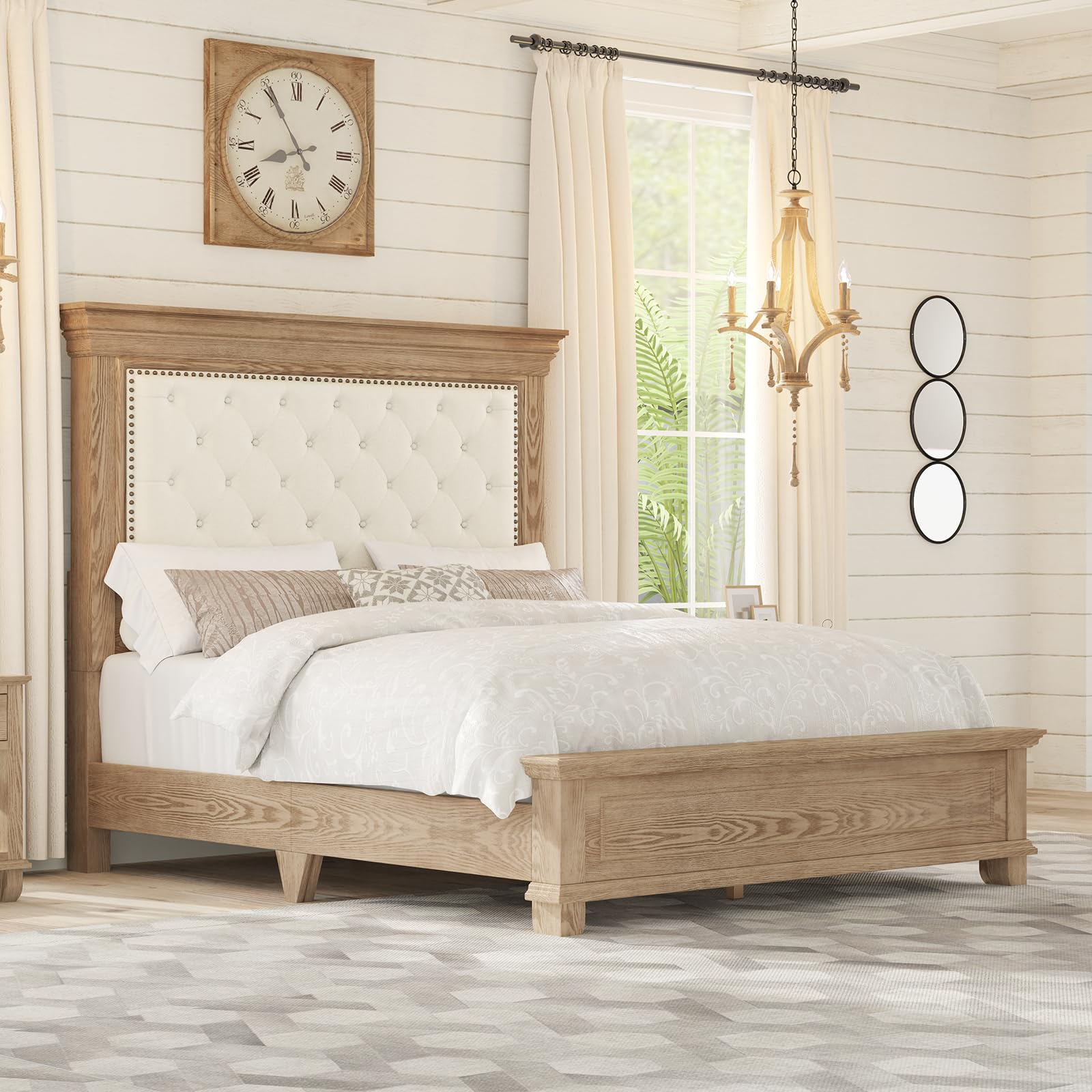 Solid Wood Bed Frame With 68" Tall Headboard, Farmhouse