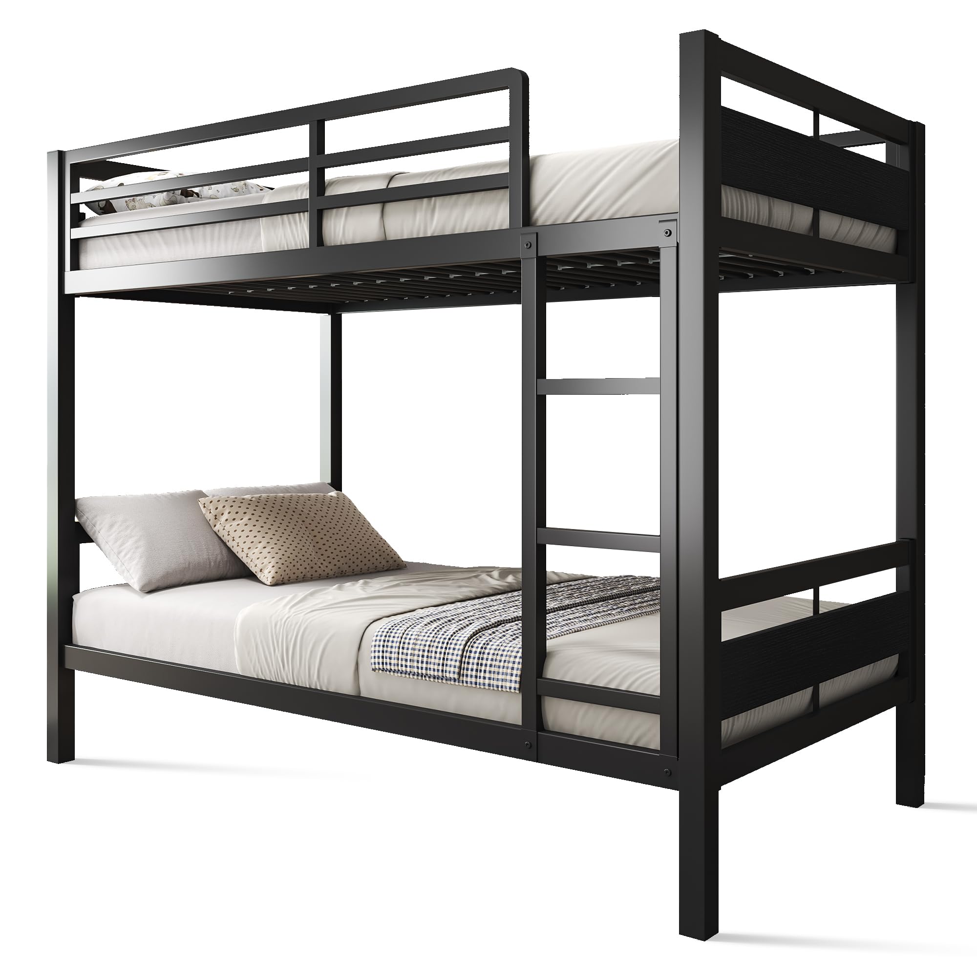Metal Bunk Bed Twin Over Twin with Ladder and High Guardrail, Heavy-Duty