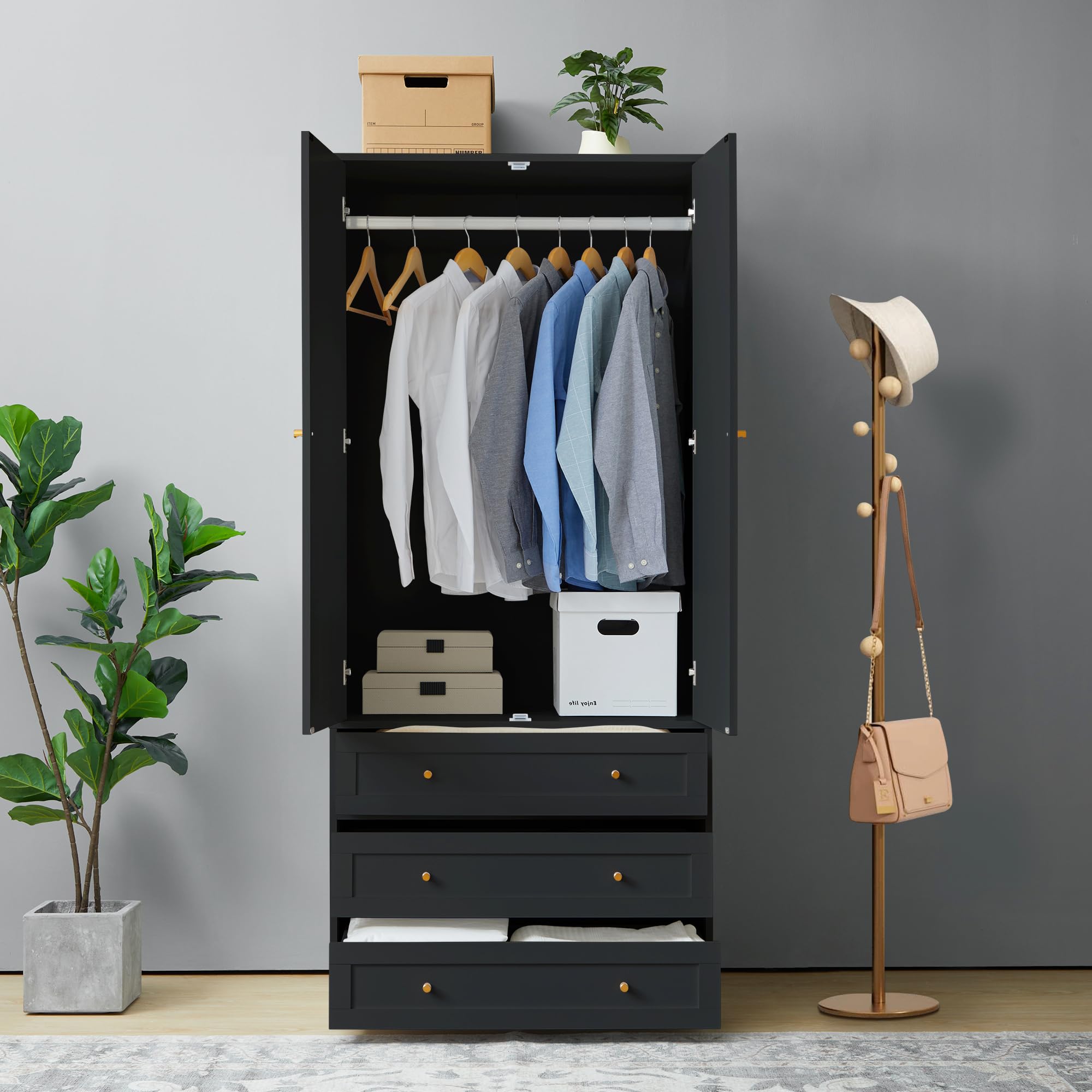 Wardrobe Armoire Closet, 2-Door Wardrobe Cabinet with 3-Drawer and Hanging Rod