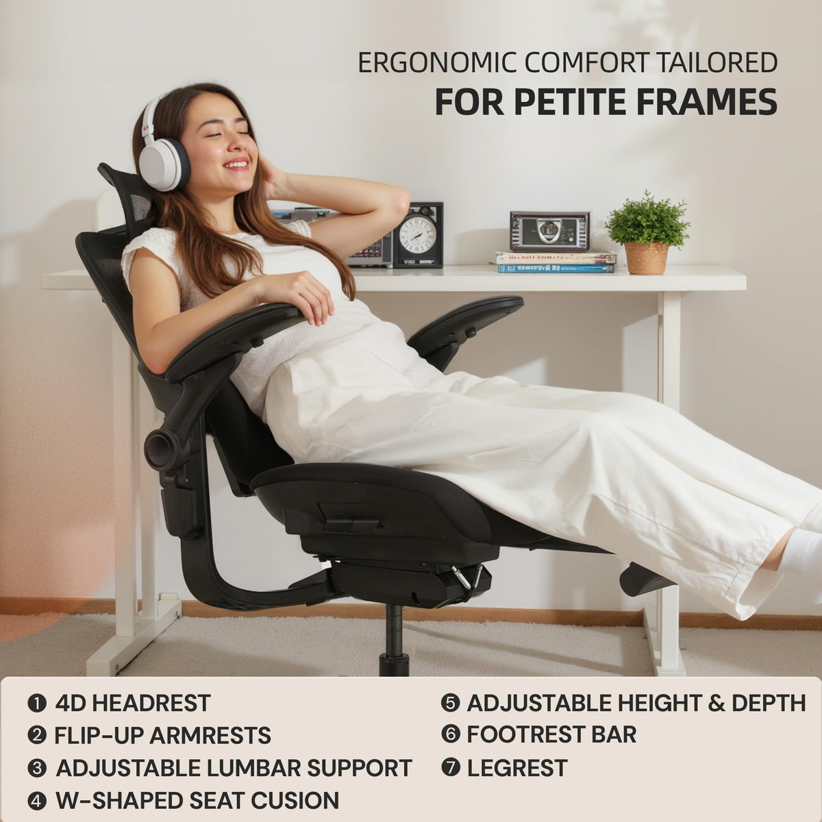 Petite Ergonomic Office Chair with Flip-Up Arms & Footrest