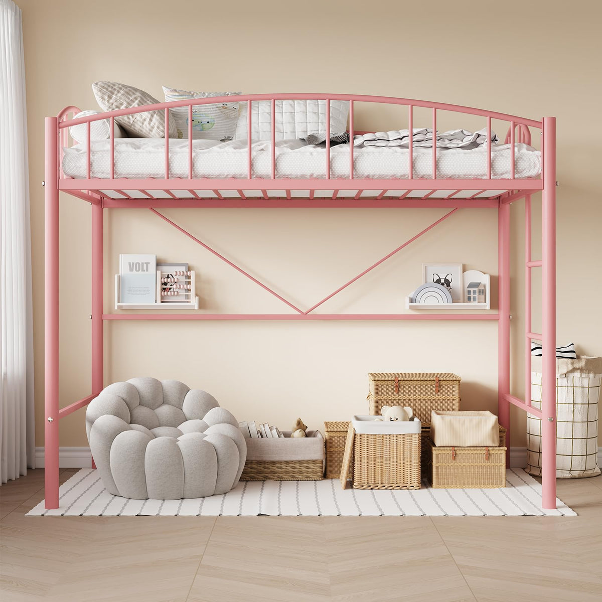 Twin Loft Bed with Arched Guardrail & Safety Ladder