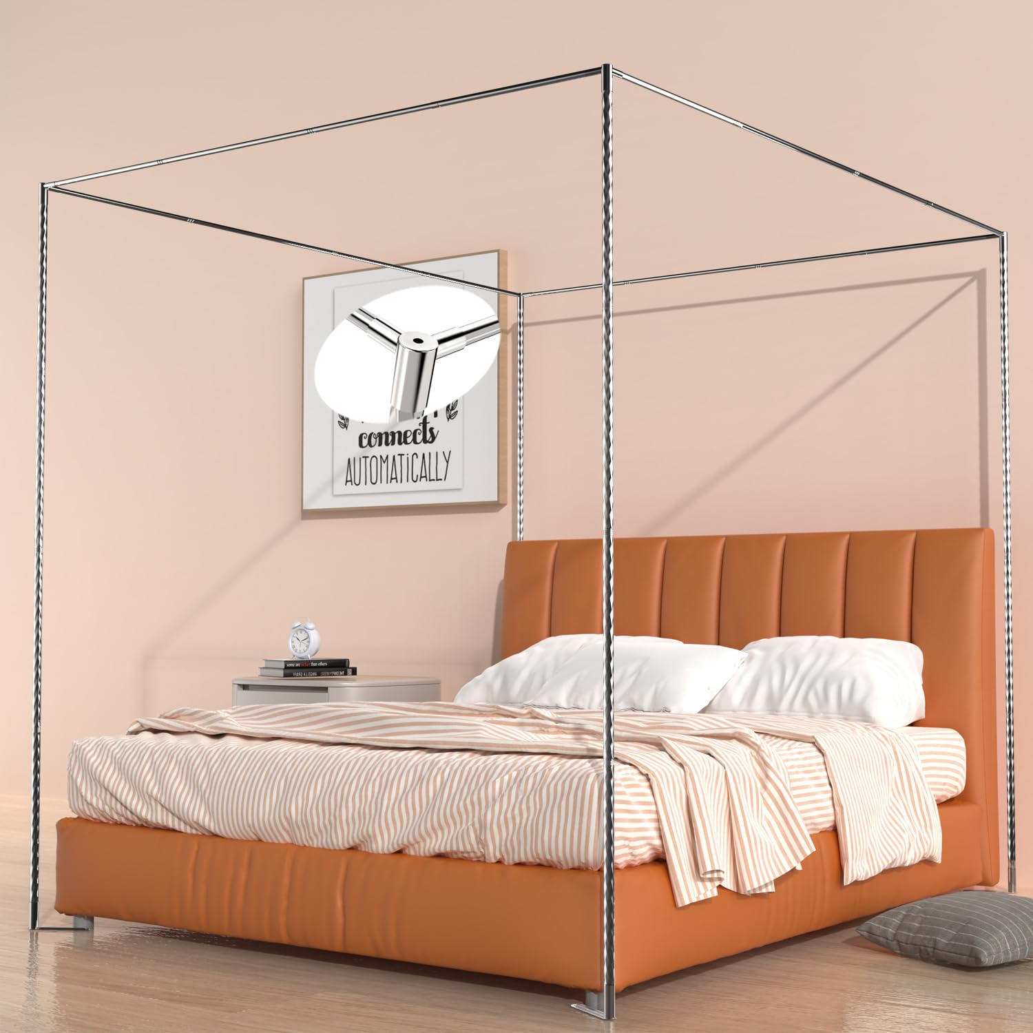 Queen Size Canopy Bed Frame,Stainless Steel Bed Canopy Frame Attachment
