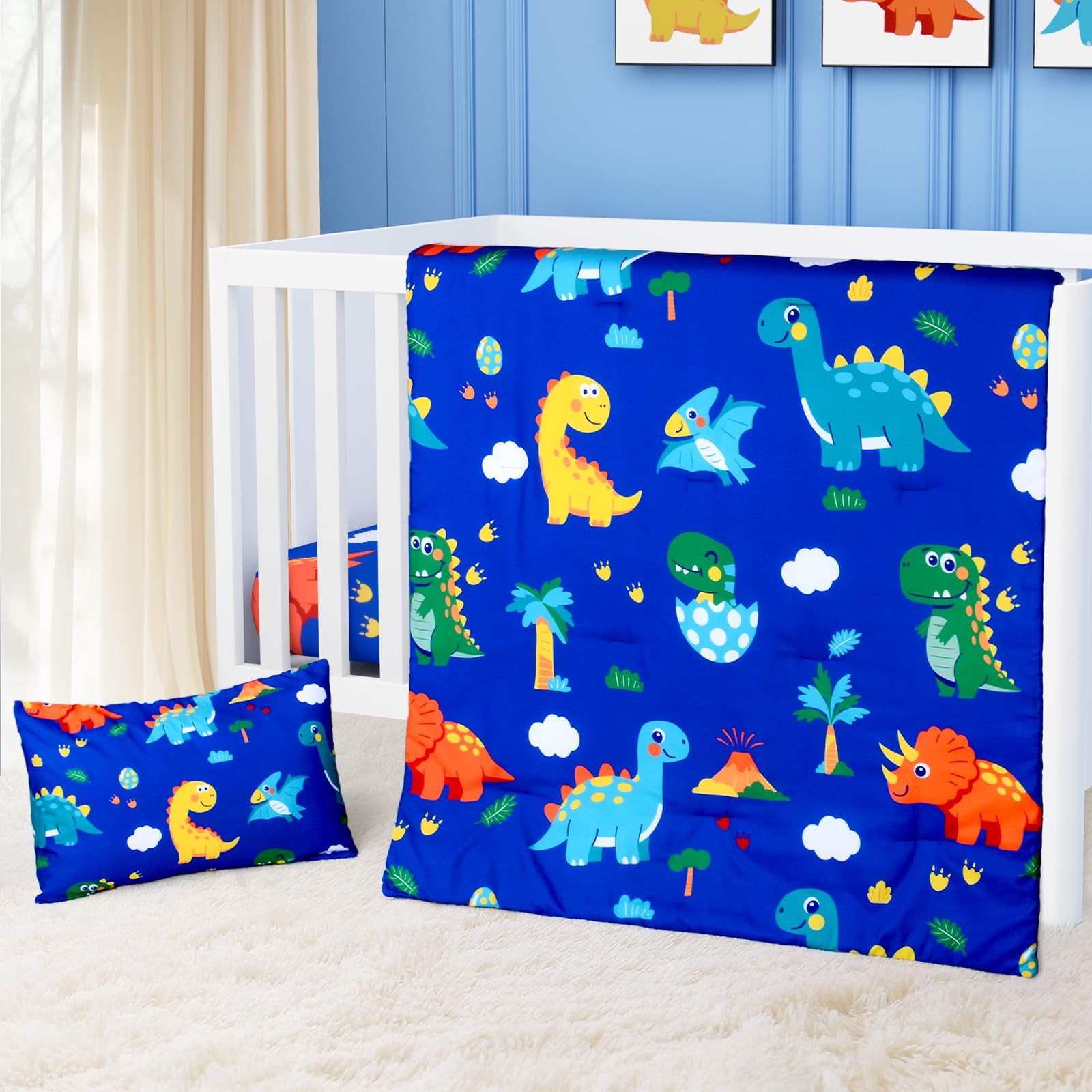 Crib Bedding Set for Boys Girls- 3 Piece Dinosaur Baby Bedding Set Soft Comforter