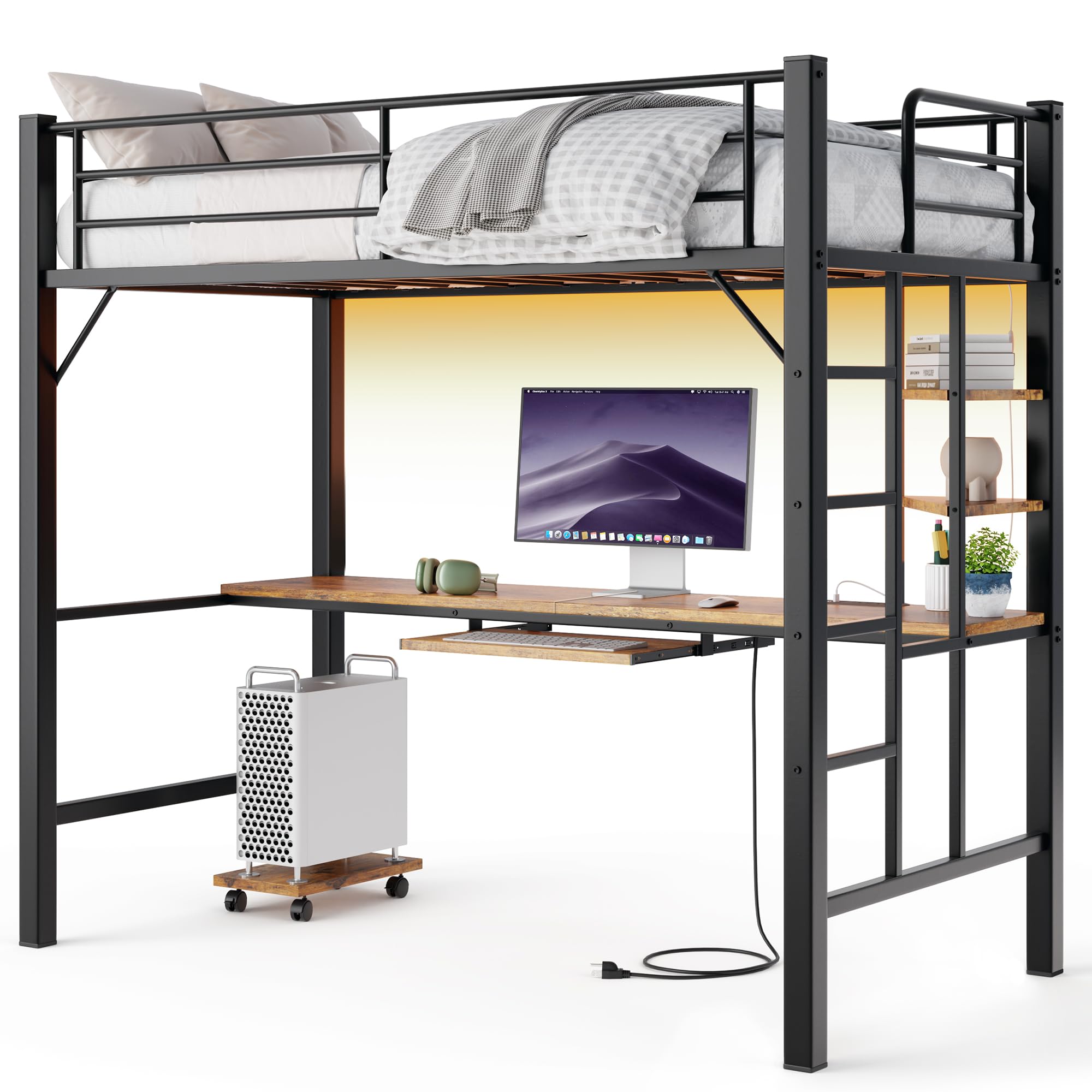 Loft Bed Twin Size, Twin Loft Bed with Desk and LED Lights