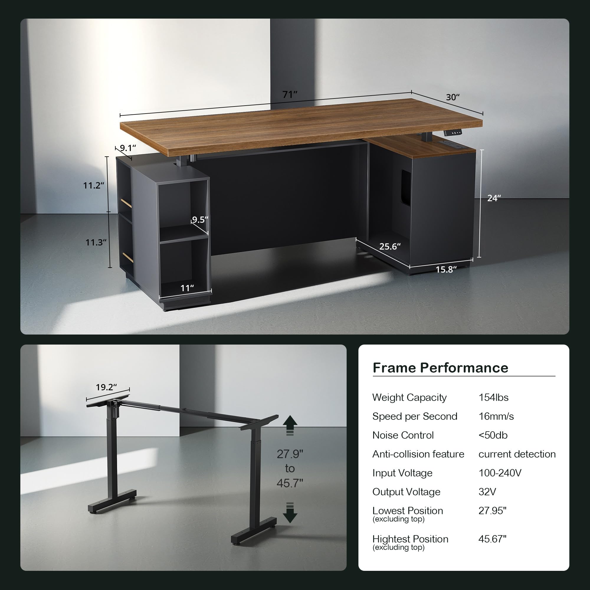 L-Shaped Electric Standing Desk with File Cabinets