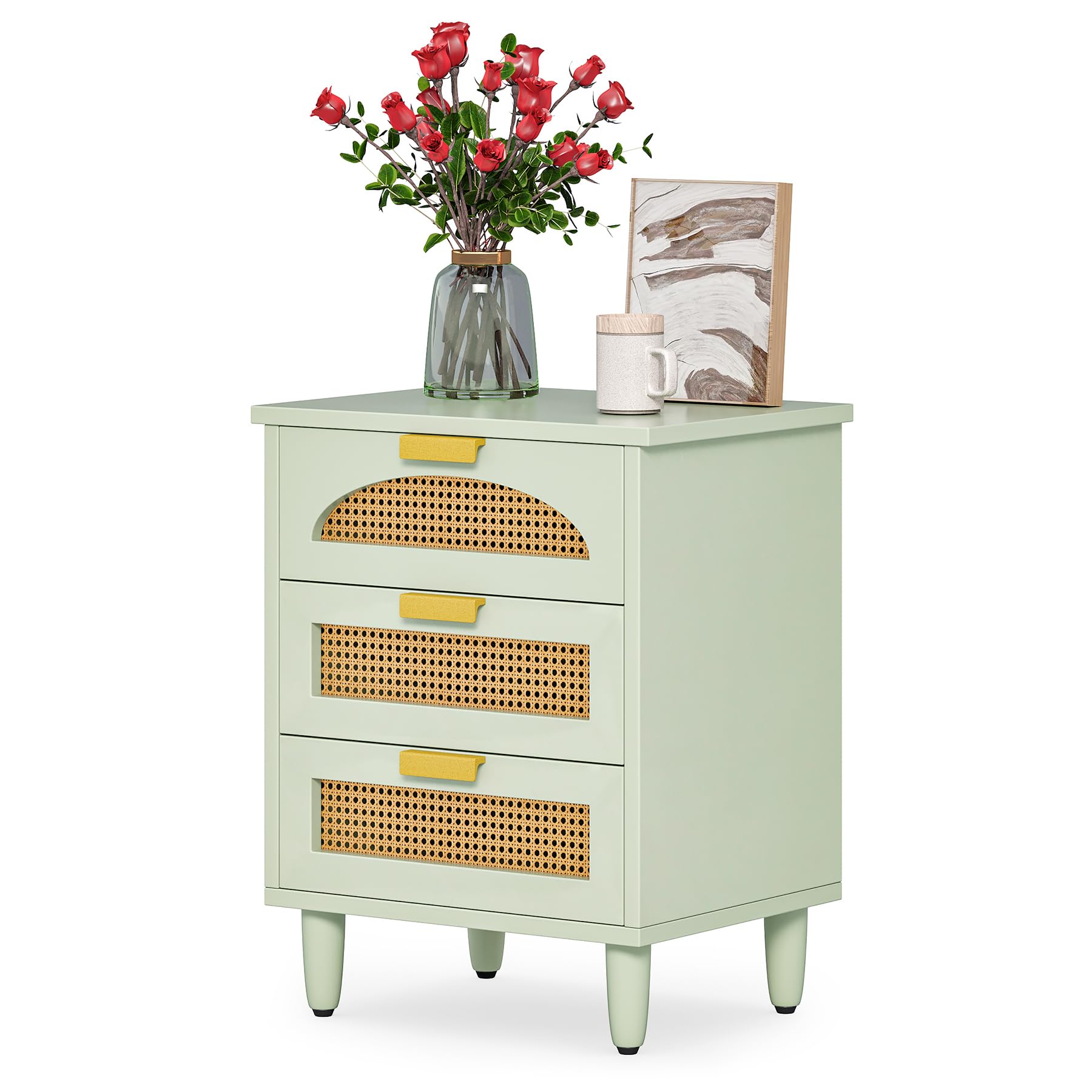Rattan Nightstand, Mint Green End Table with 3 Drawers for Couch