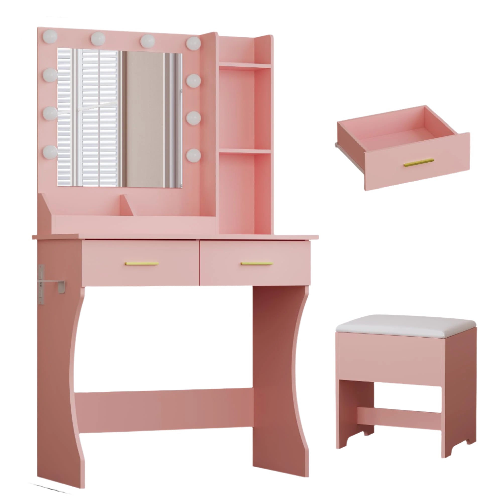 Desk with Mirror and Lights,Makeup Table with Charging Station