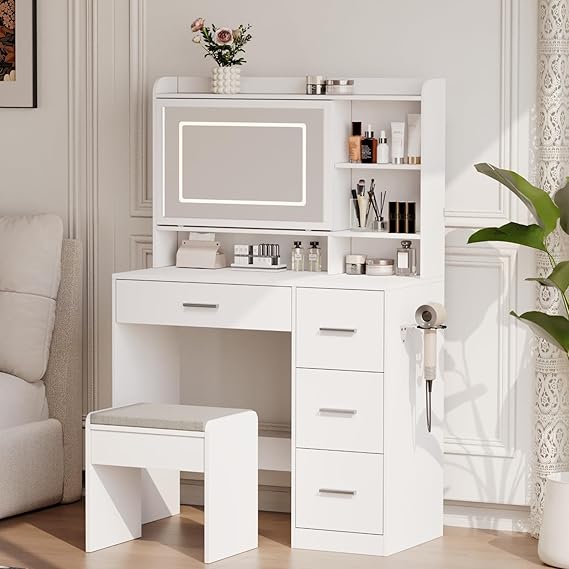 Desk with a Mirror and Lights，with Chair and Four Drawers, Three Adjustable