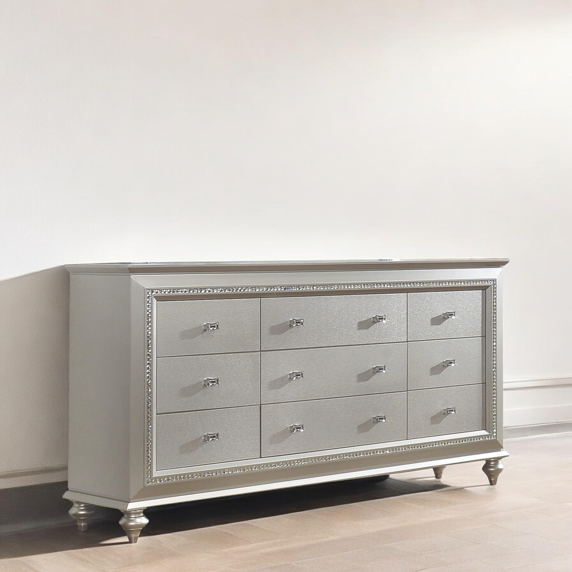 Kaitlyn Rectangular Wood 9-Drawer Dresser with in Champagne White