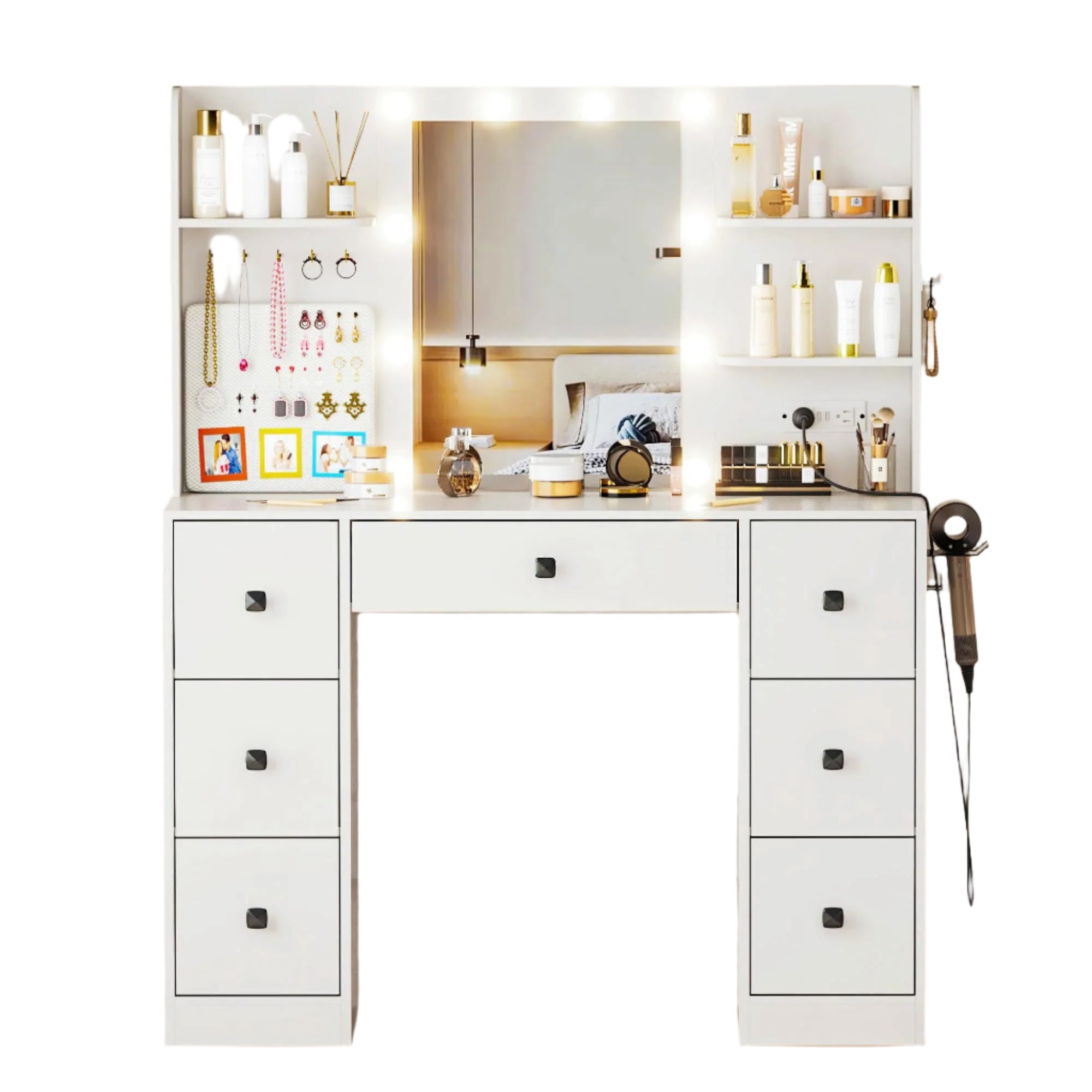 Desk with Mirror & LED Lights, Power Outlet 3 Color Modes Vanity Desk