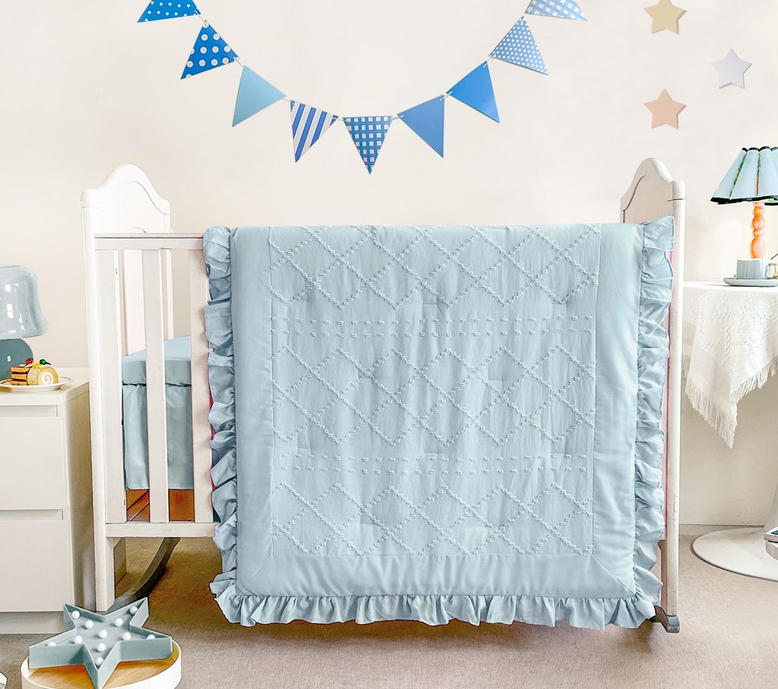 Baby Crib Bedding Set for Girls, 3 Piece Boho Crib Comforter Set Ruffle
