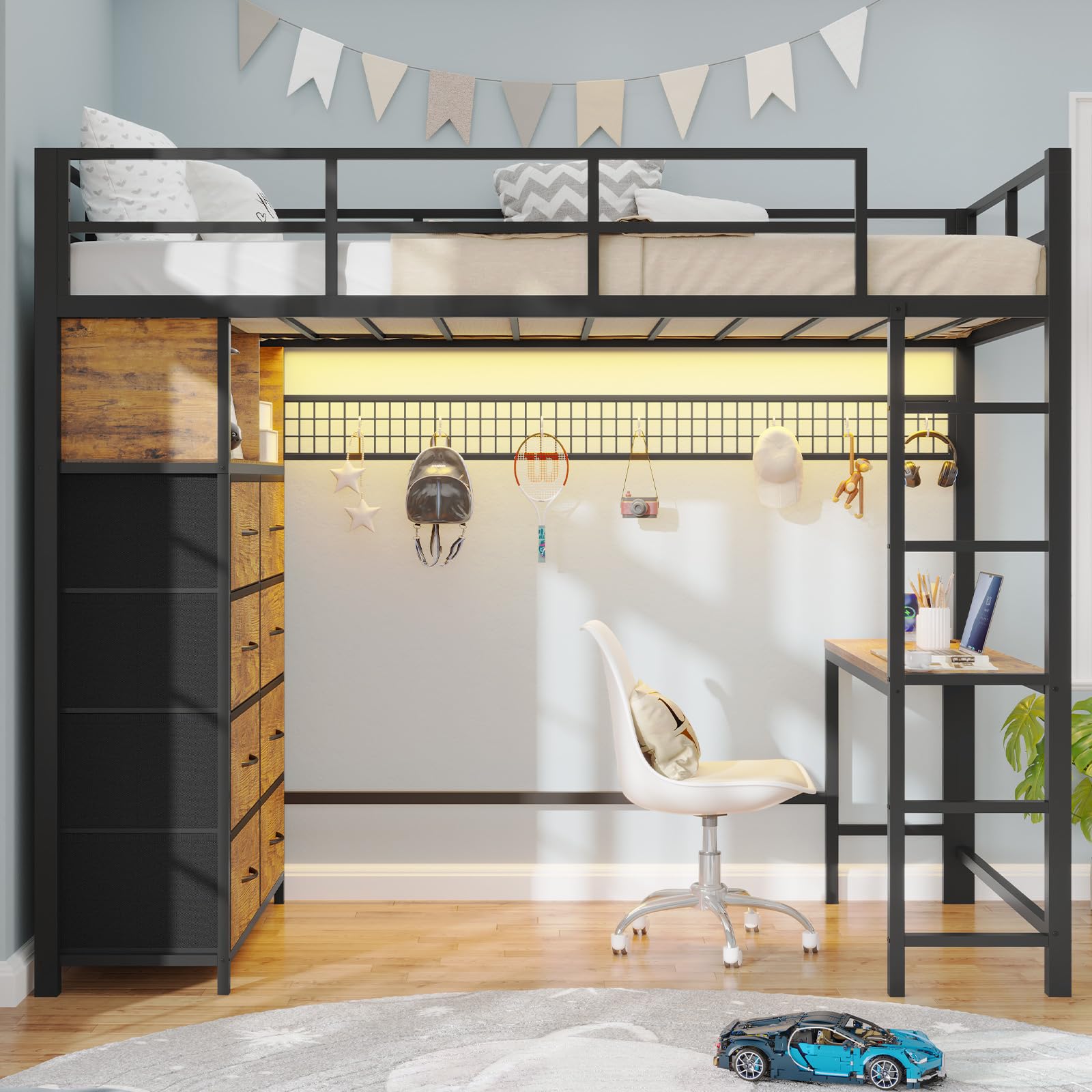 BTHFST Twin Loft Bed with Desk & 8 Storage Drawers Tall Dresser, Metal Loft Bed with LED Lights & Charging Station, 2-Tier Storage Shelves, Stable & Sturdy, Noise Free, Rustic Brown and Black