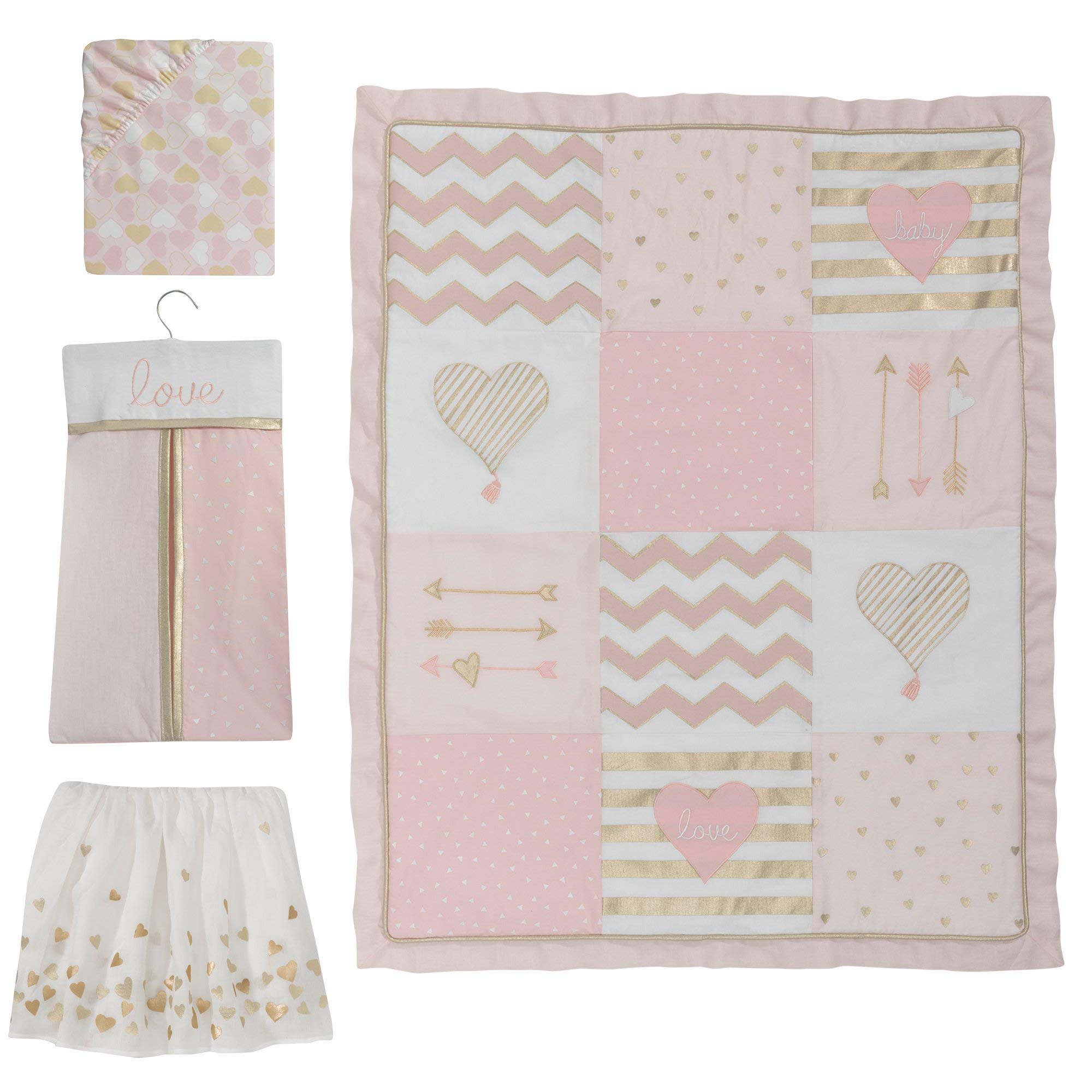 Baby Love Pink/Gold Girl Heart 4 Piece Crib Bedding Set