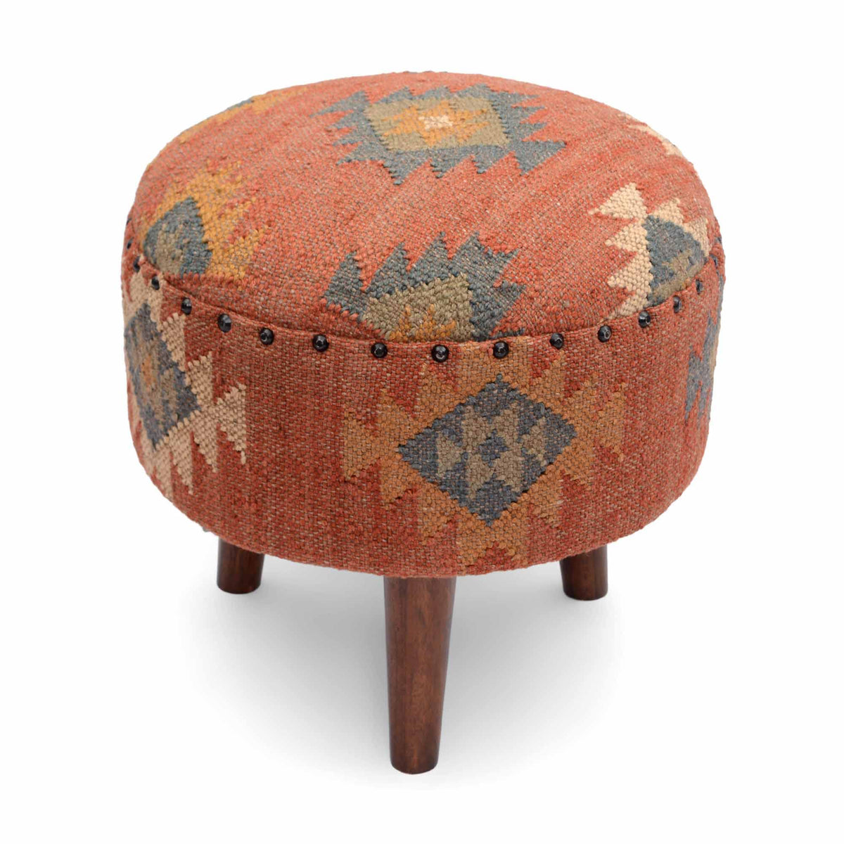 16" Round Handmade Kilim Jute Pouf Ottoman Stool with Wood Legs