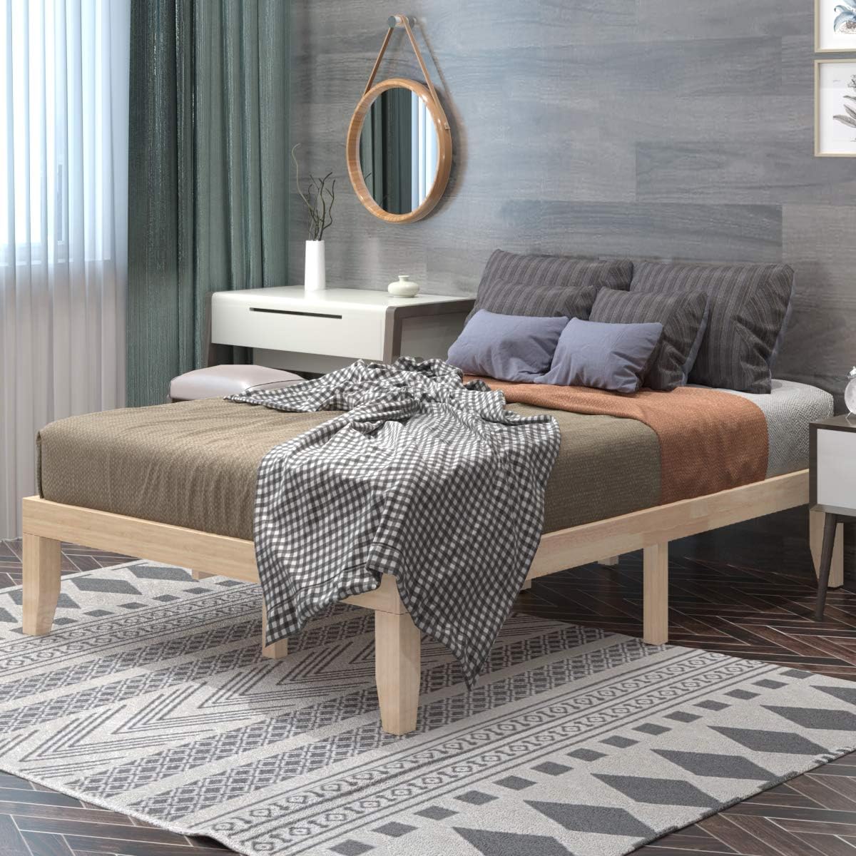14'' Full Size Solid Wood Bed Frame, Wooden Mattress Foundation w/Slats Support