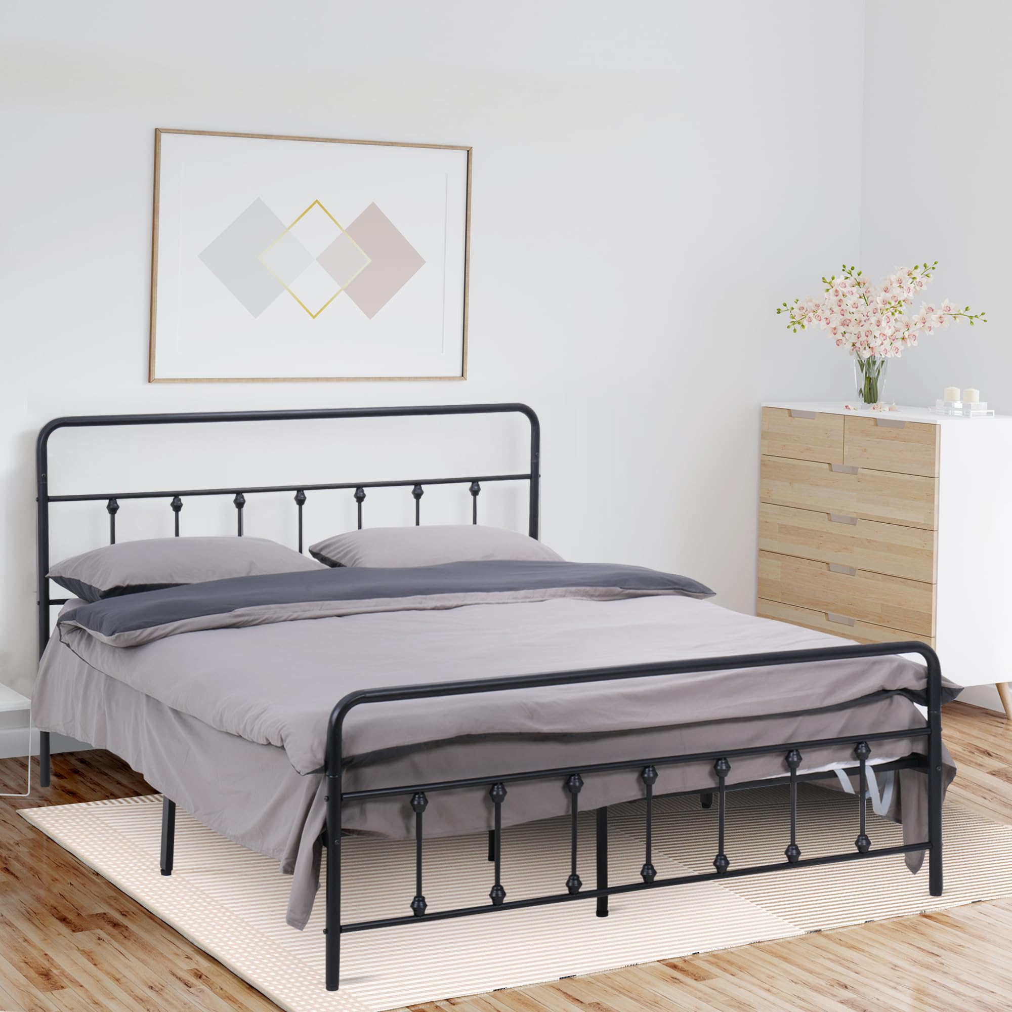 Bed Frame Queen Size, Queen Bed Frame with Headboard, Steel Slat