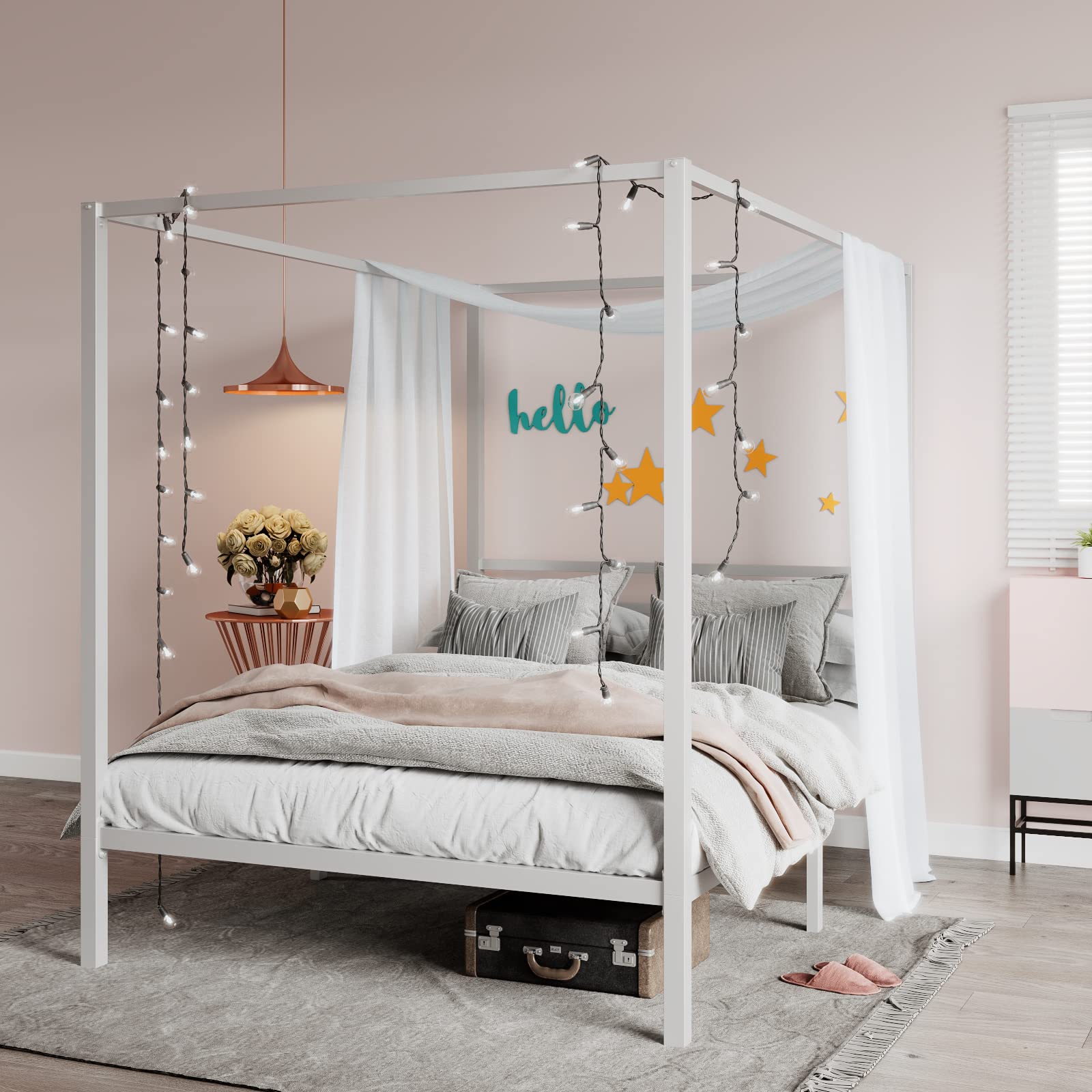 Metal Canopy Bed Frame Queen Size/Mattress Foundation with Metal Slat