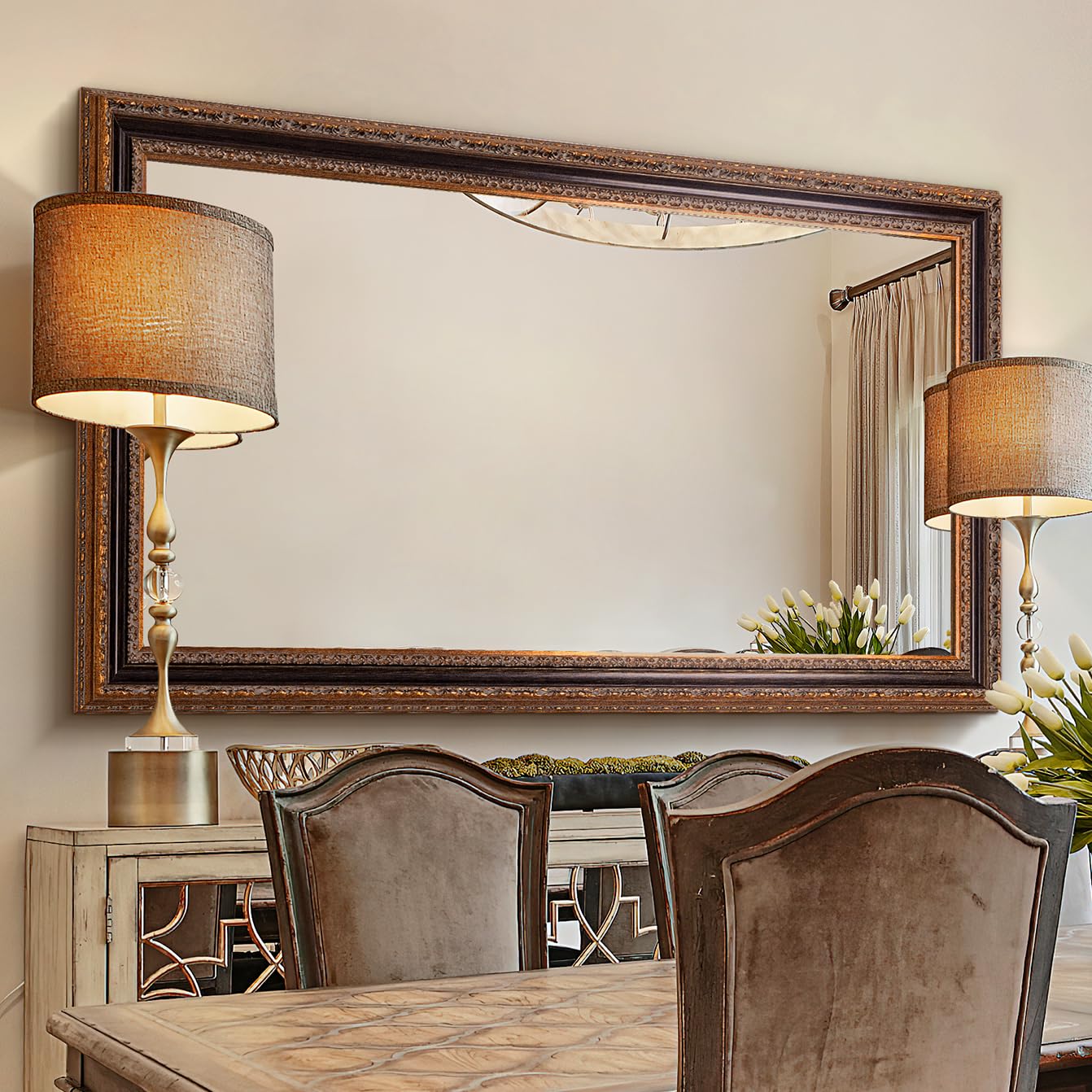 Rectangular Decorative Wall Mirror with Wood Frame – Vintage Ornate Carvings