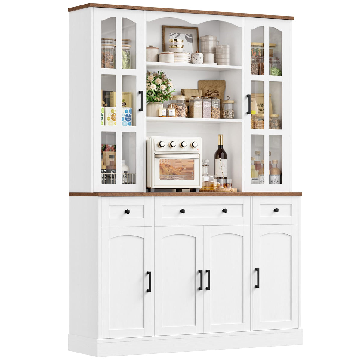 Tall Pantry Cabinet with Microwave Stand & Glass Doors