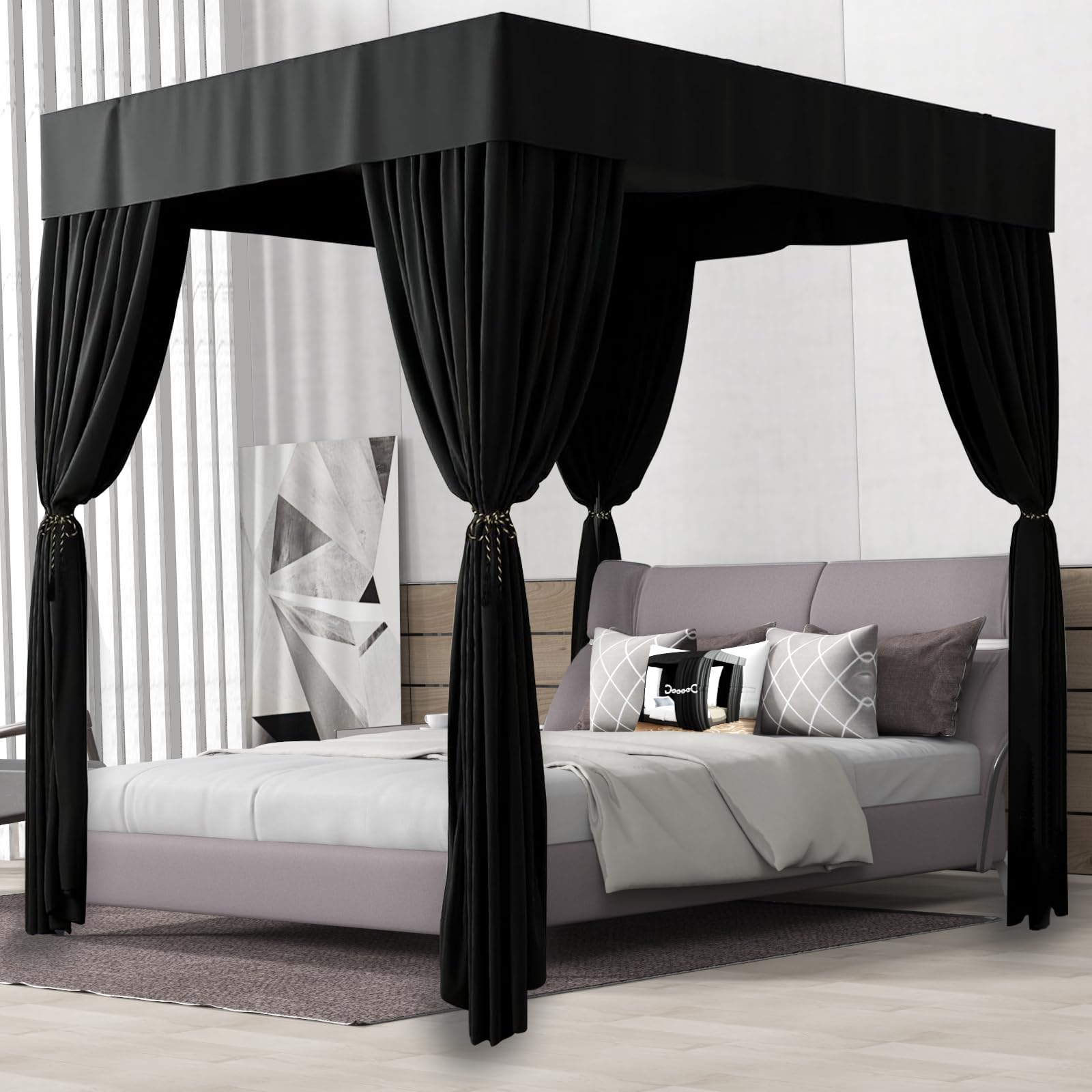 NKM Full Size Black Canopy Bed Curtains,Completely Opaque Blackout Curtains Suitable for Canopy Bed Frames,Adults & Girls Room Decoration