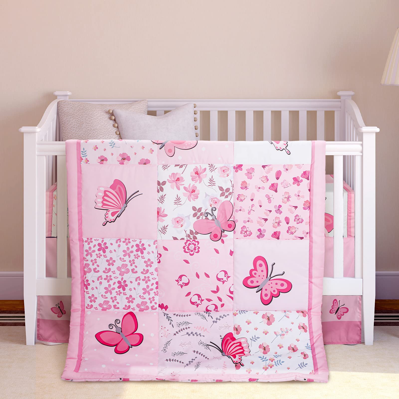 3 Pieces Butterfly Nursery Crib Bedding Set for Girls