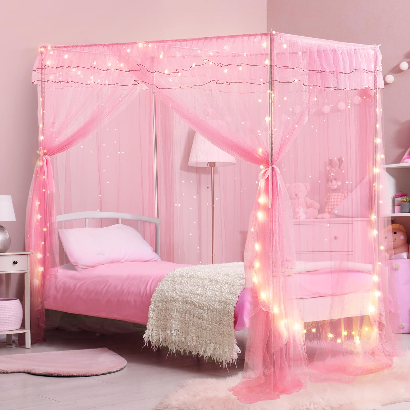 Twin Size Bed Canopy with Lights, Bed Canopy for Girls Princess with Luminous Stars