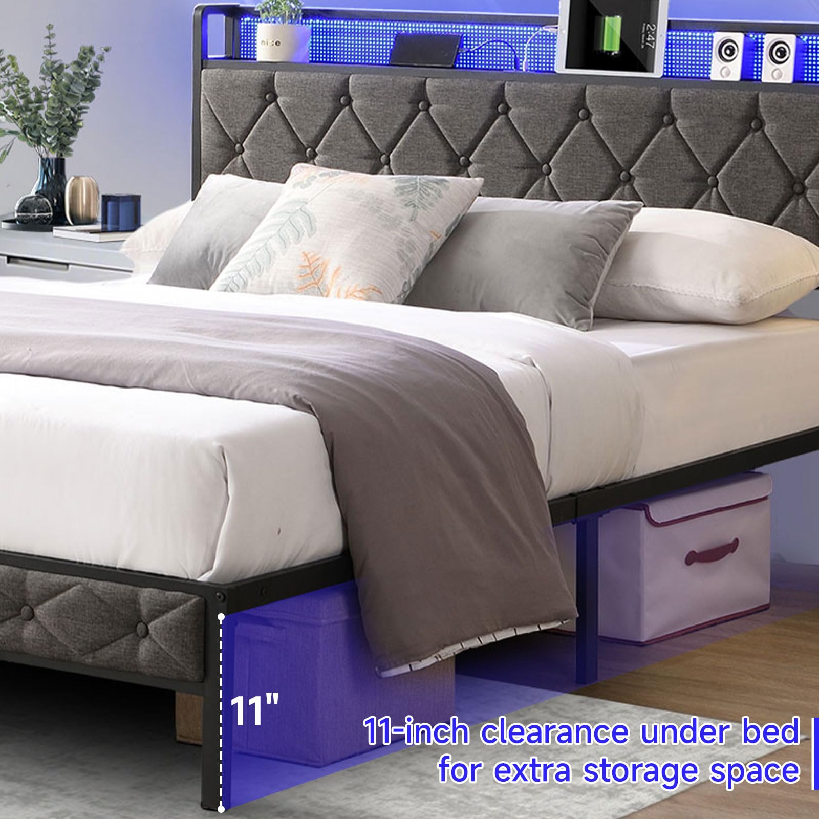Bed Frame with Headboard,LED Lights & Charging Station, Upholstered Platform