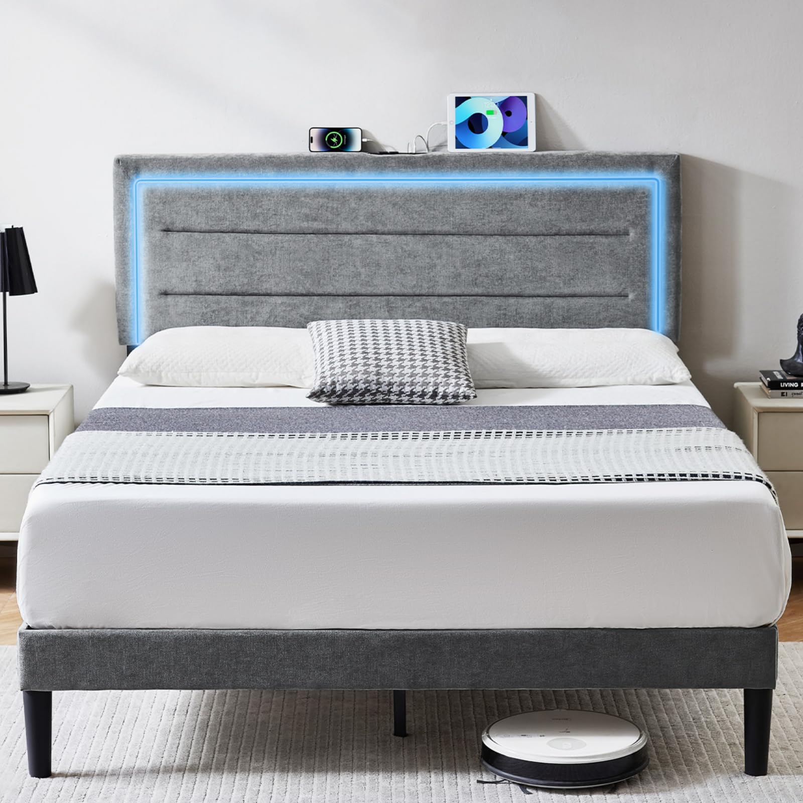 Bed Frame with LED Lights and Charging Station, Chenille Upholstered