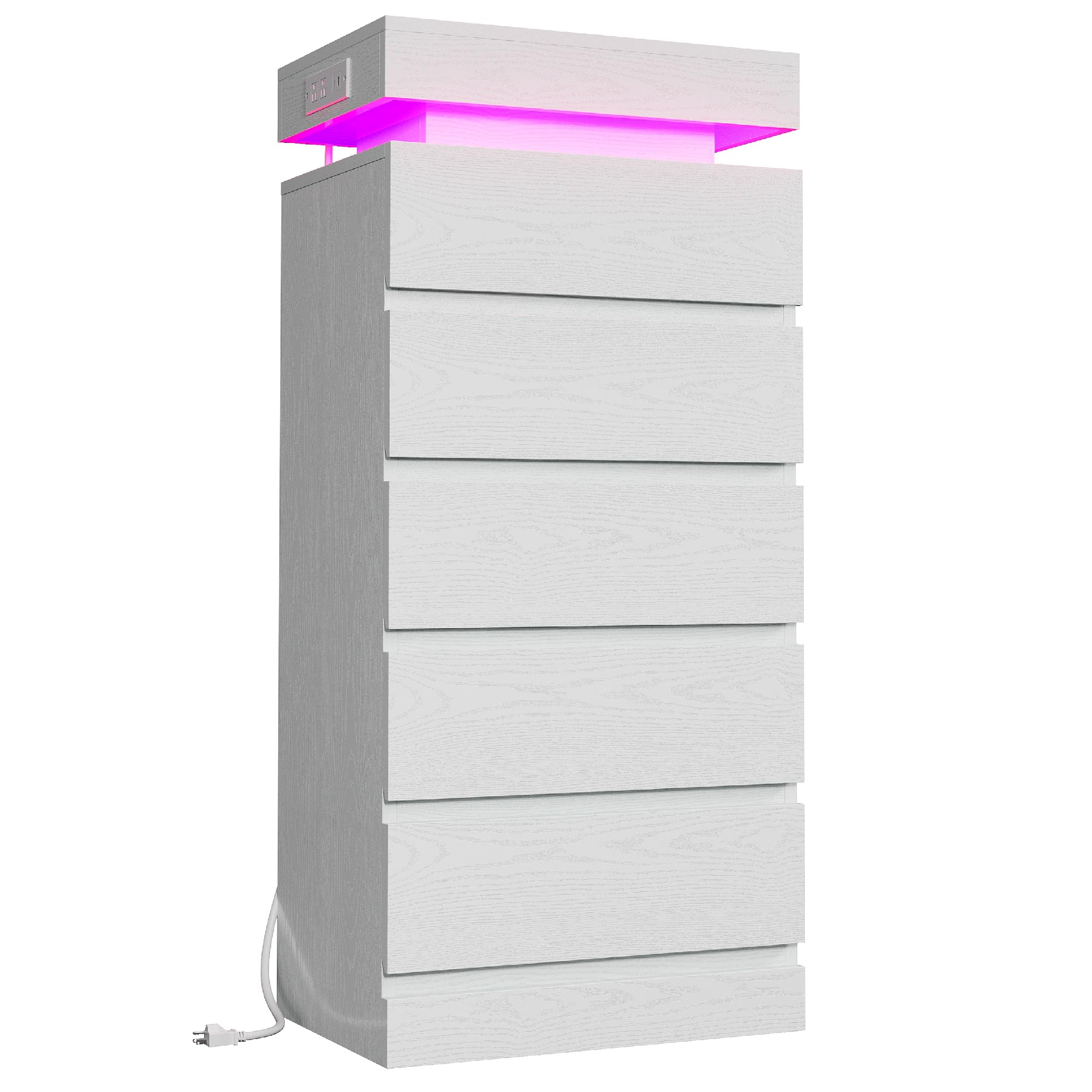 54" Tall 5 Drawer Dresser for Bedroom, White Dresser with LED Light and Power Outlet