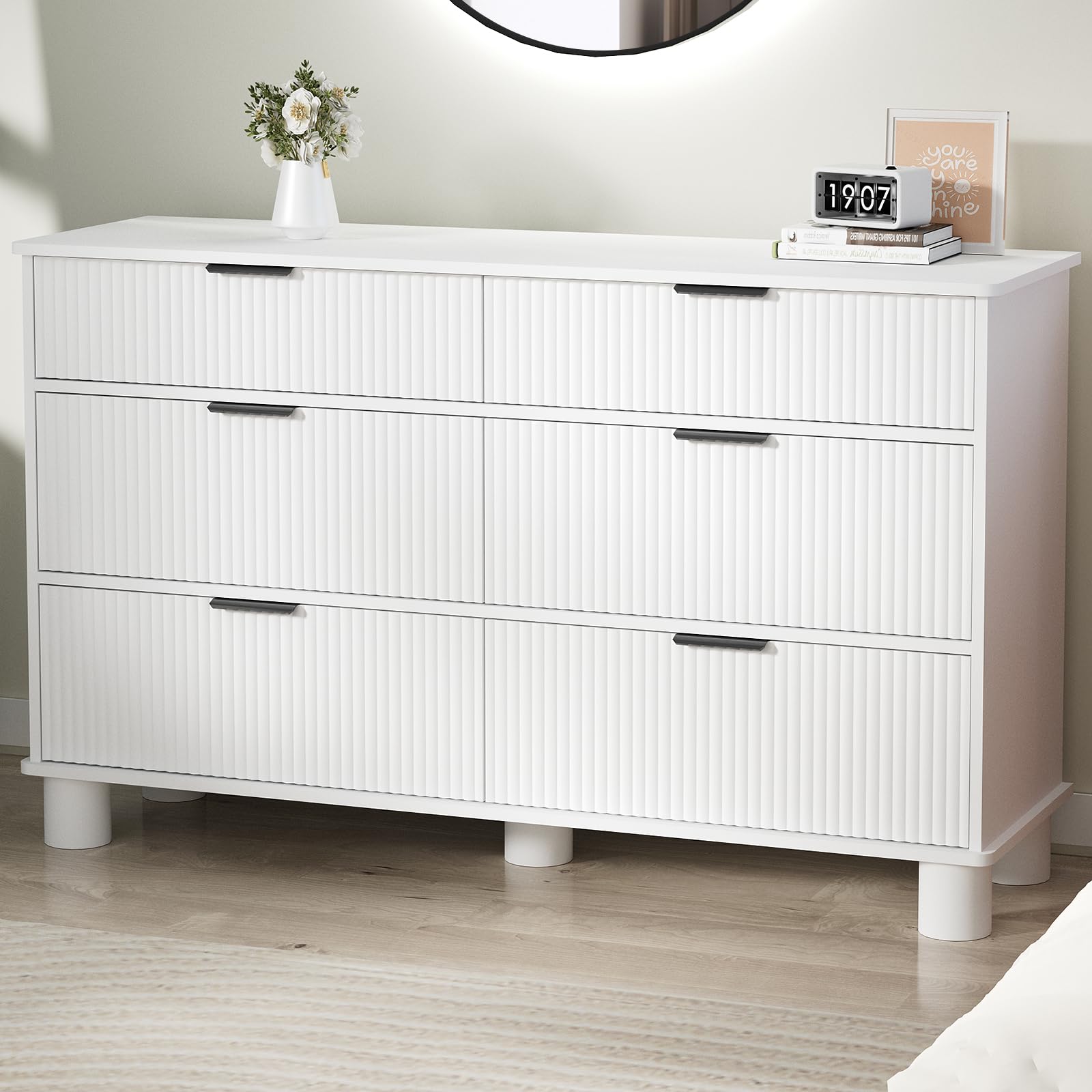 Fluted Dresser for Bedroom, White Dresser with 6 Drawers, 53'' Wide Chest of Drawers