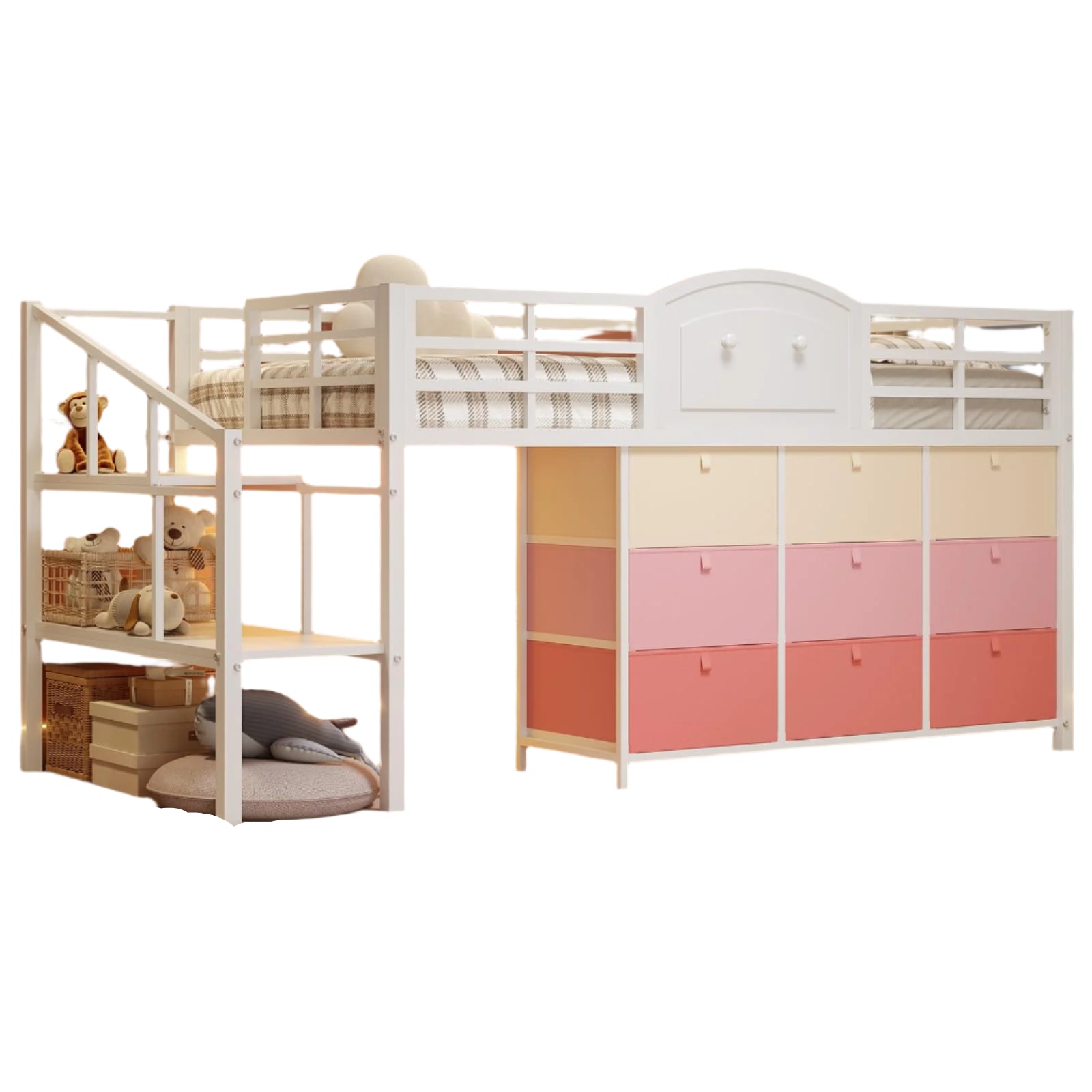 Low Loft Bed Twin Size with 9 Storage Drawers and LED