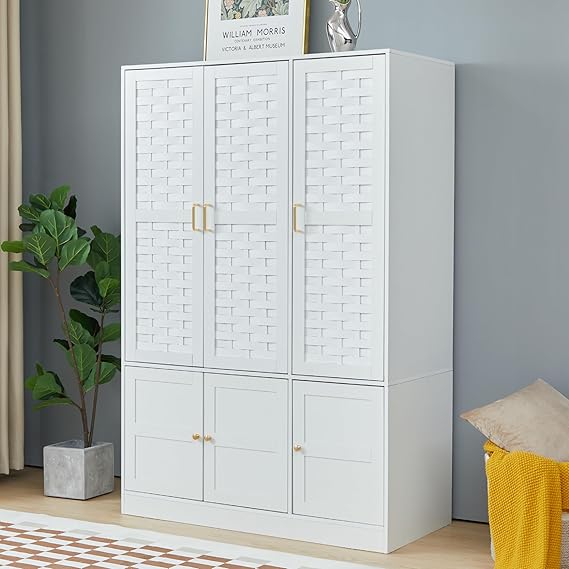 Wardrobe Closet with 6 Woven Doors, Walnut Armoire Wardrobe Cabinet