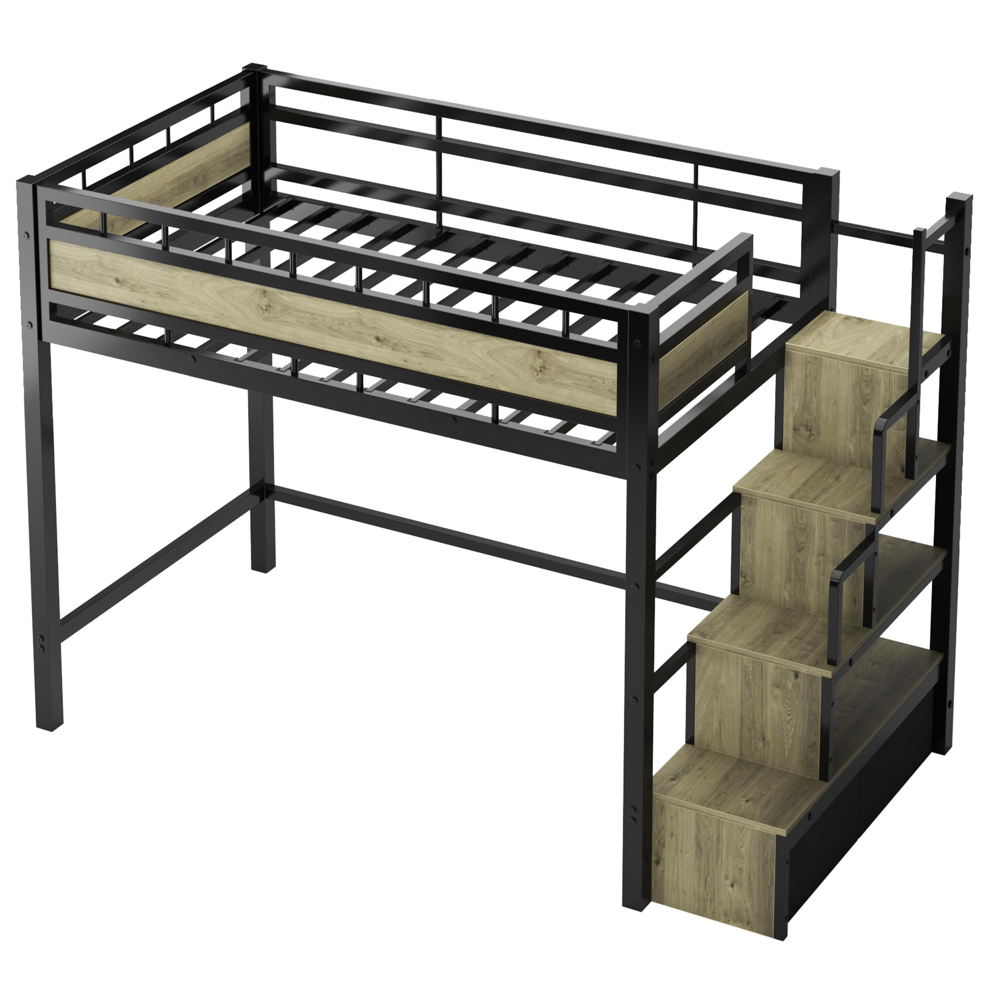 Size Metal Loft Bed with Storage Stairs & Drawers,Space-Saving