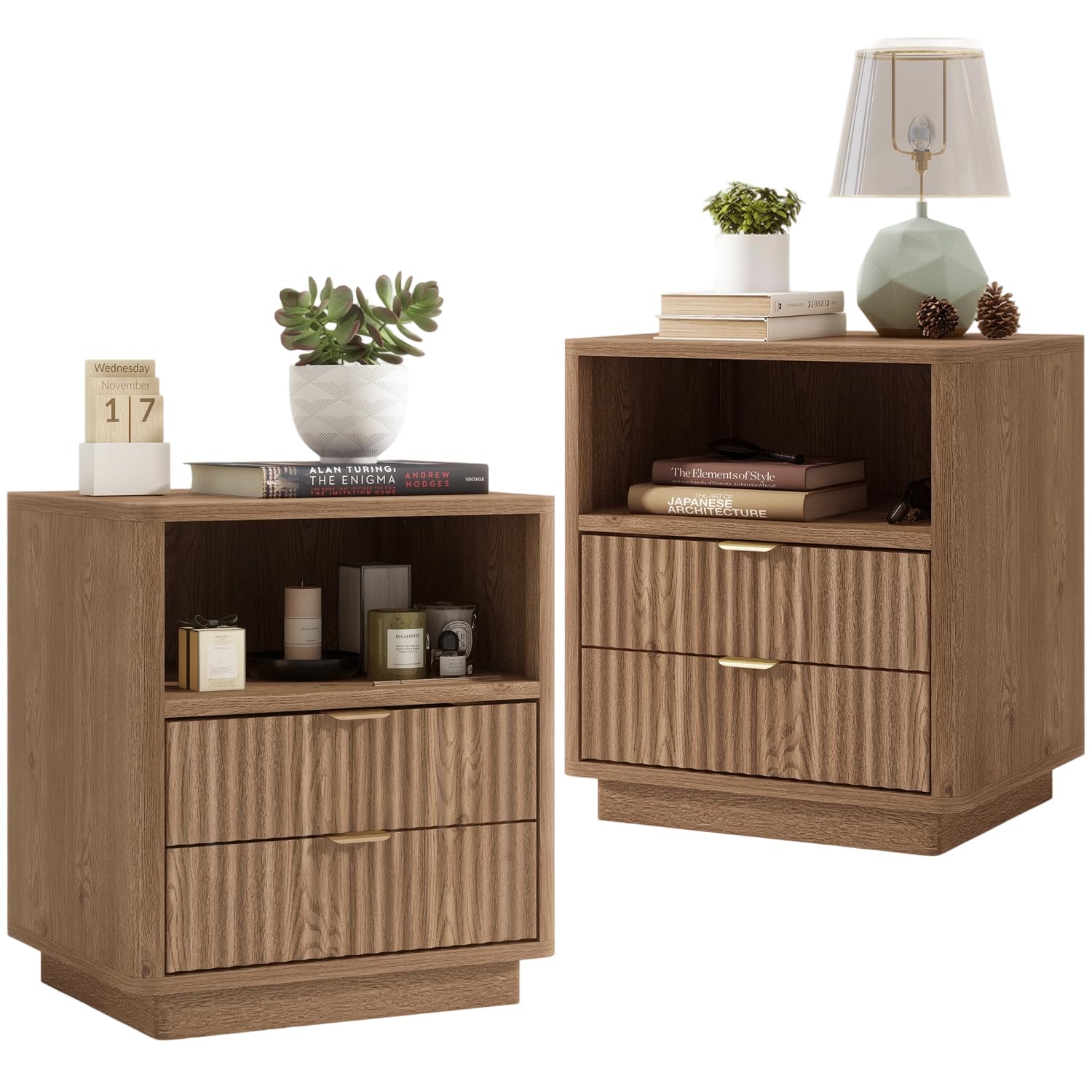 Fluted Night Stand Set of 2, Large Nightstand with Drawers and Storage Shelf