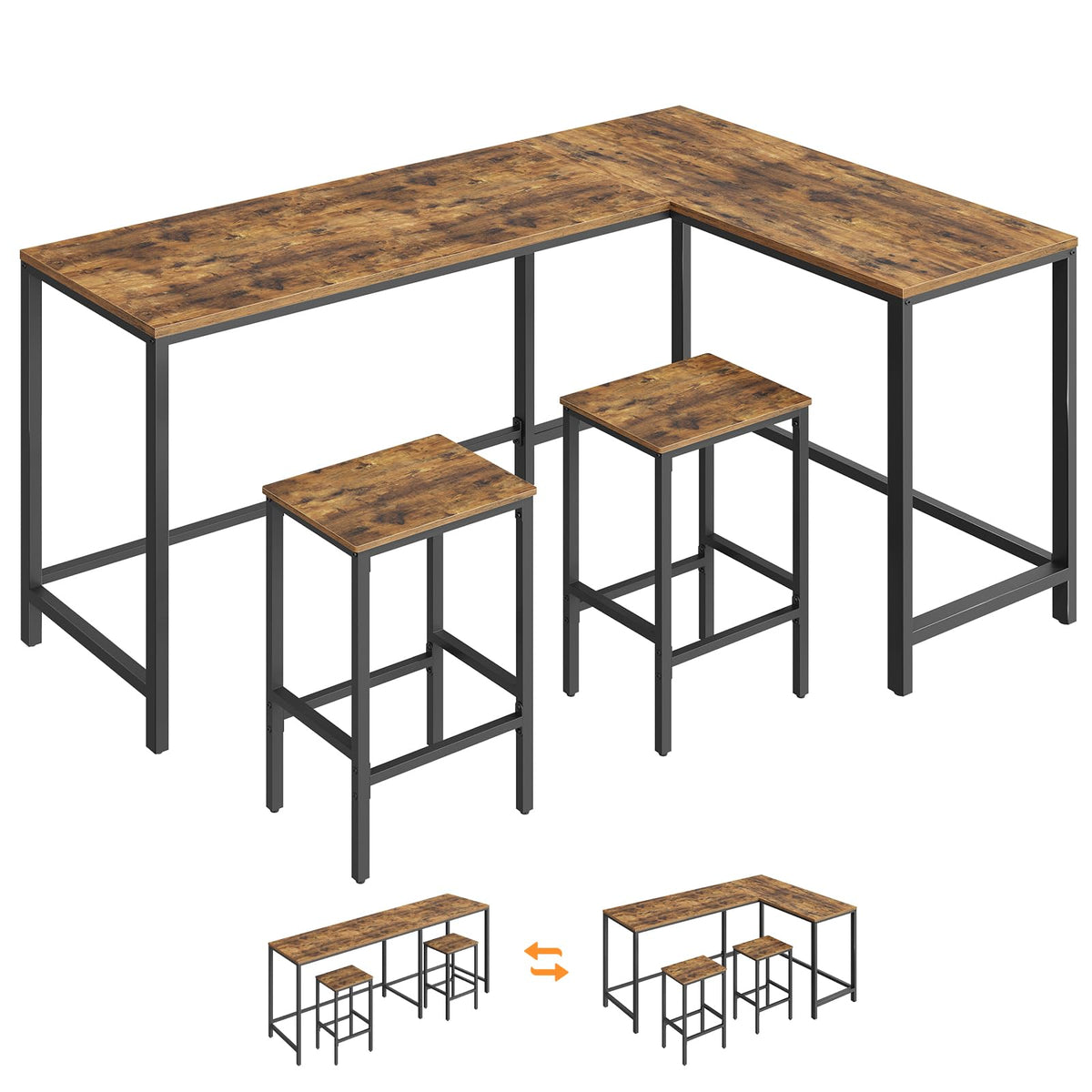 L-Shaped Bar Table Set with 2 Stools, 78.7" Convertible Kitchen Counter Height Table