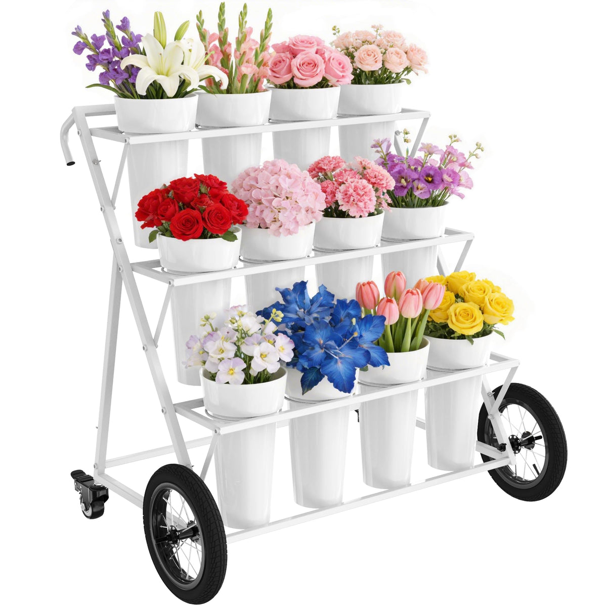 3-Tier Metal Flower Cart Stand with 12 Buckets