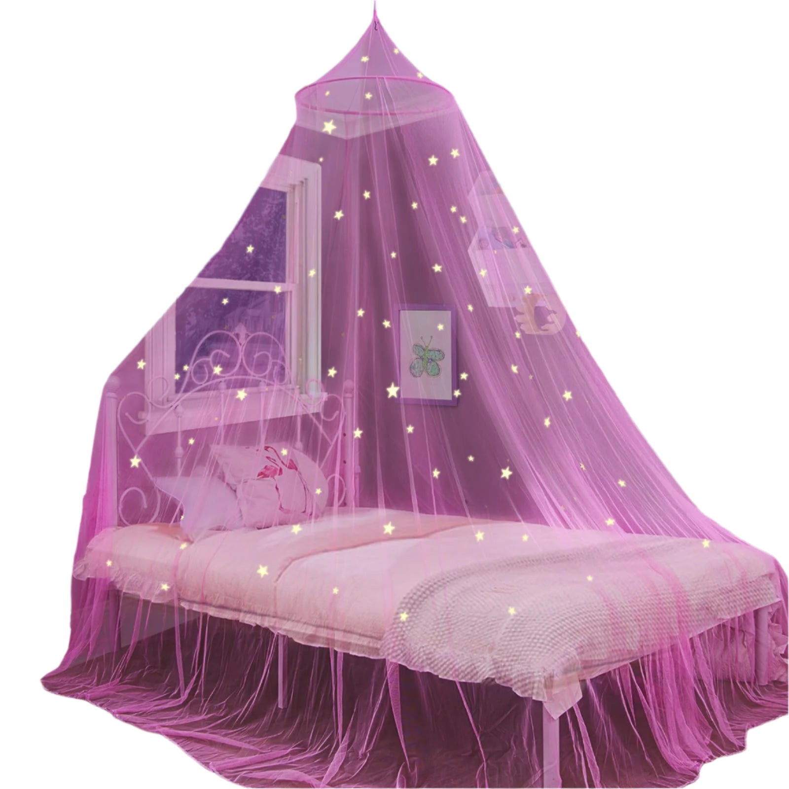 Princess Bed Canopy with Glowing Stars, Pink Canopy for Girls' Room
