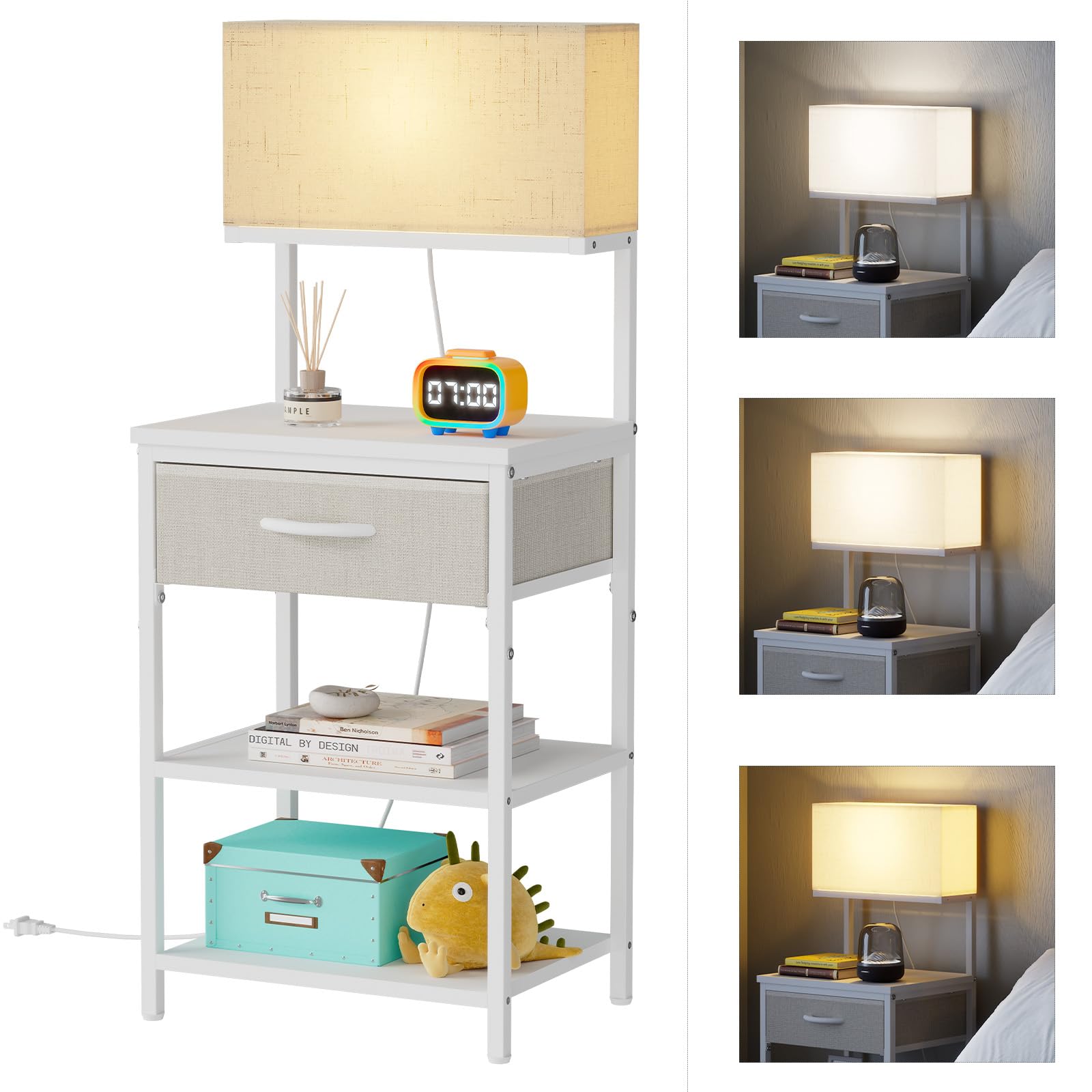 White Night Stand With Led Lamp, Small Nightstand With Drawer For small spaces