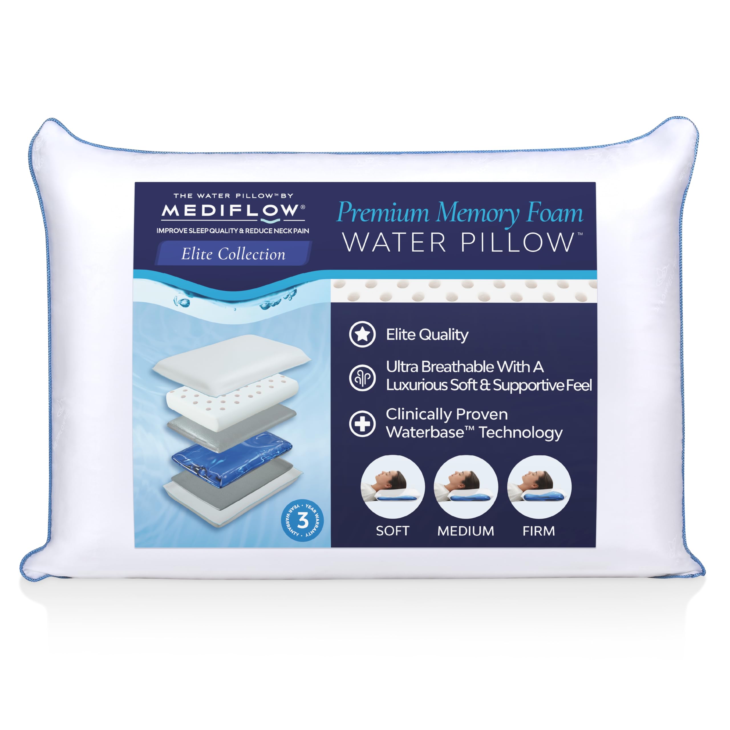 Water Pillow - Elite Collection, Memory Foam Pillow. Orthopedic Pillow