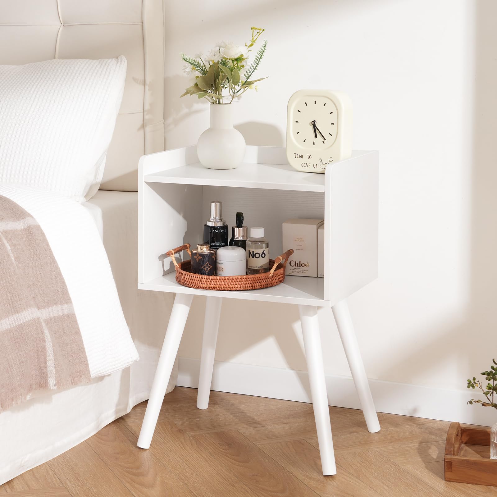 Mid Century Modern Nightstand for Small Spaces, Small Side Table with Storage Shelf
