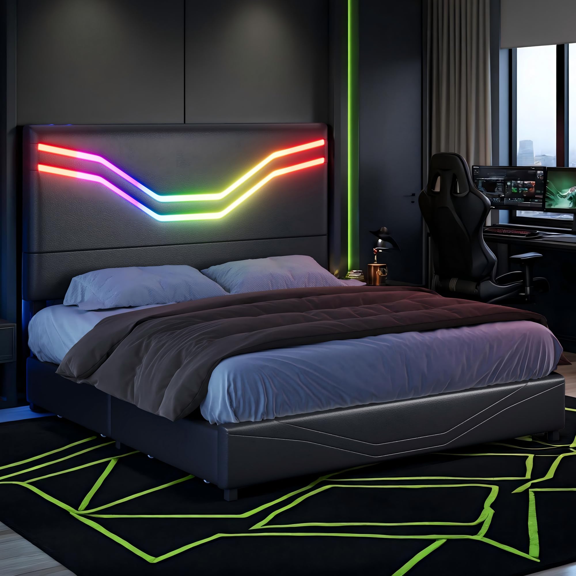 Queen Size Platform Bed Frame with LED Lights, 4 Storage Drawers