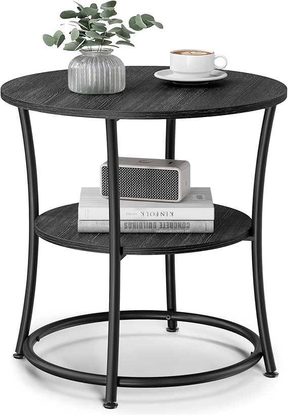 Side Table, 2-Tier Round End Table with Power Outlets