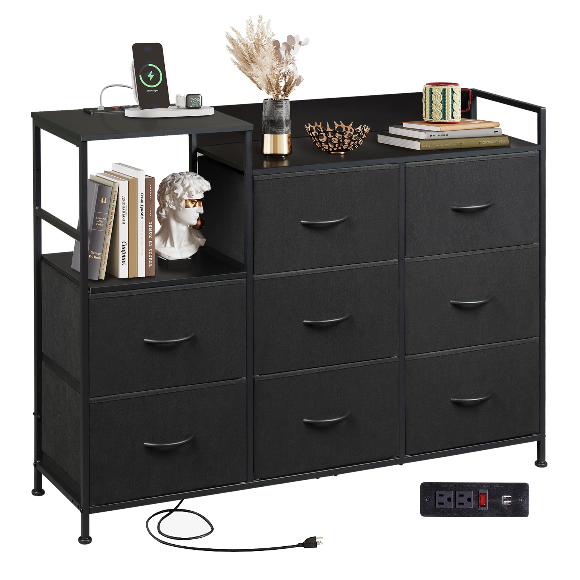 Black Dresser TV Stand for Bedroom with Charging Station and Open Shelves