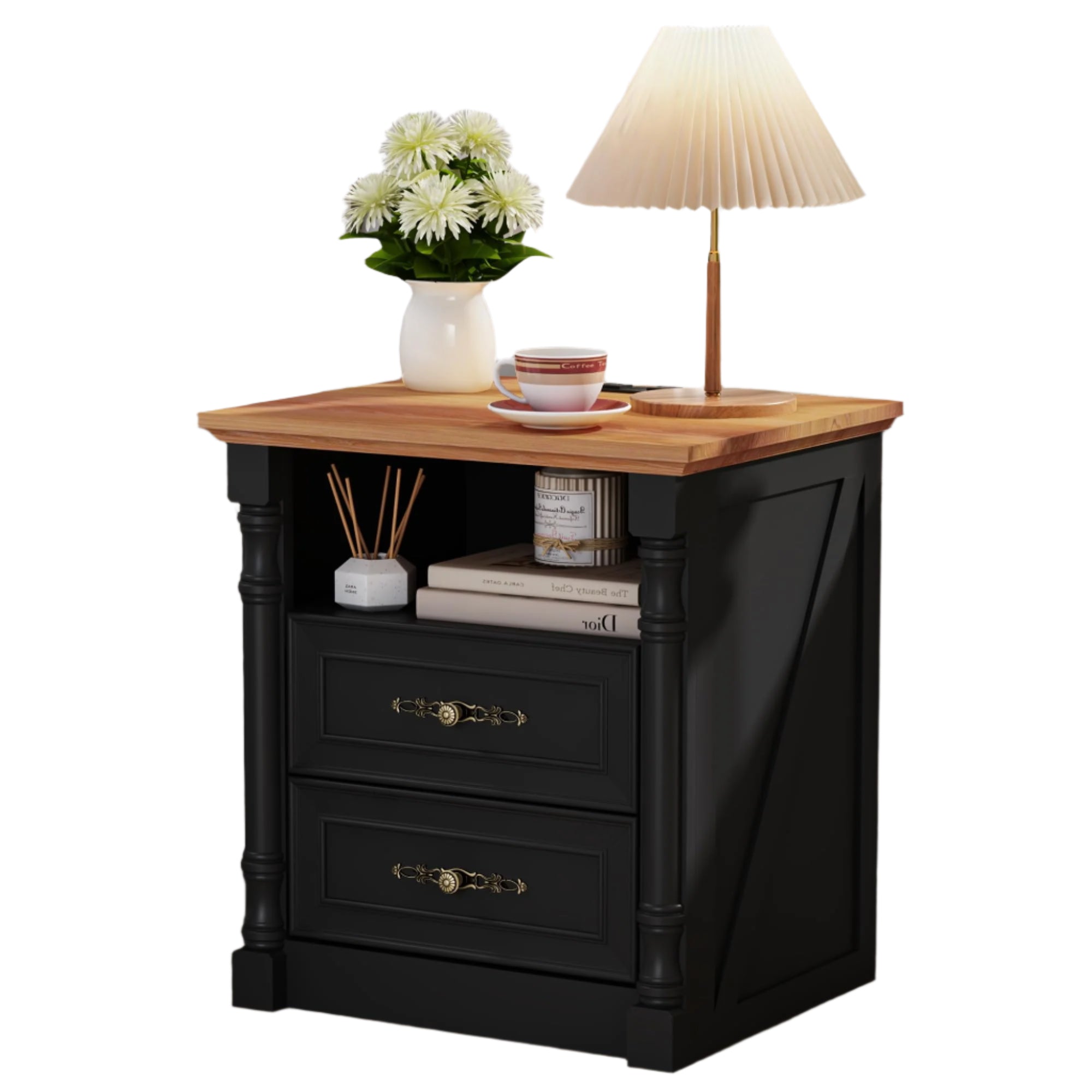Farmhouse Nightstand with Charging Station and 2 Storage Drawers