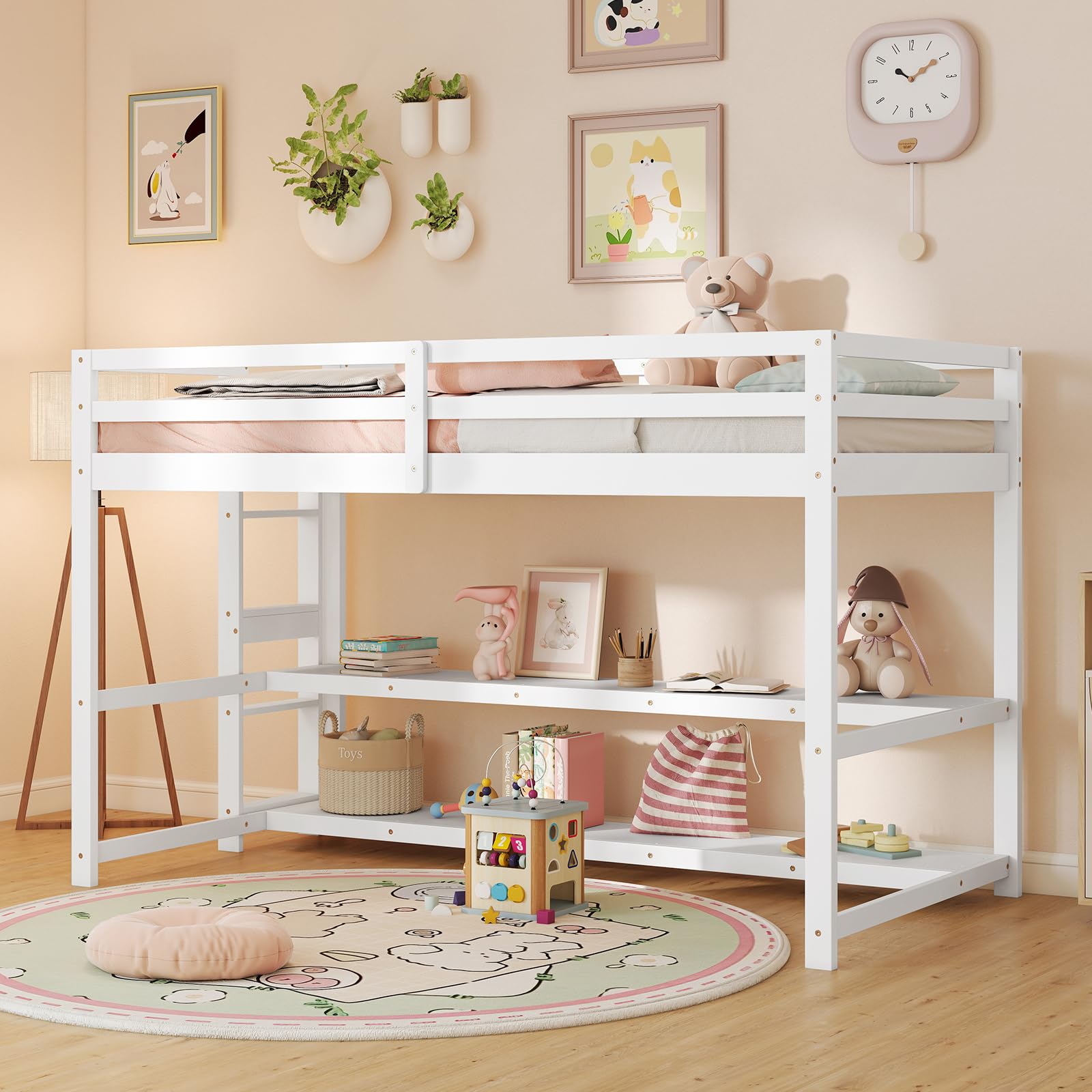 Twin Low Loft Bed with Storage Shelves, Wooden Loft Bed