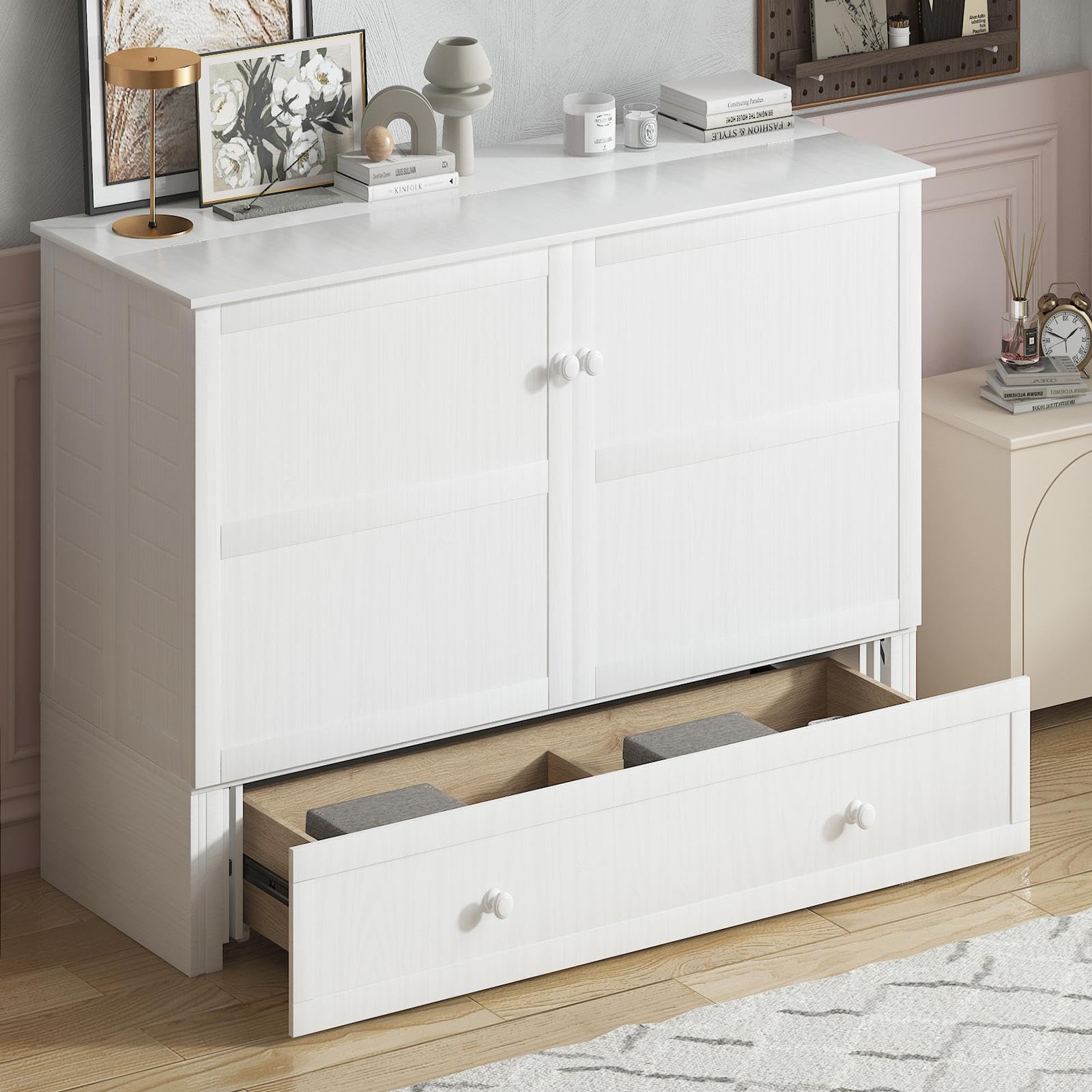 Murphy Bed, Queen Cabinet Bed with Tri-fold Mattress, USB Charging Station