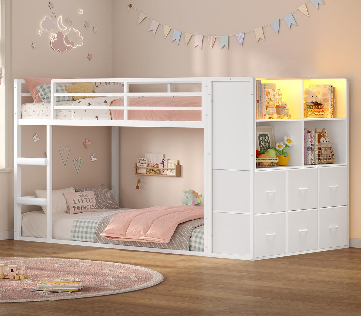 Twin Over Twin Bunk Bed with Storage & LED Lights
