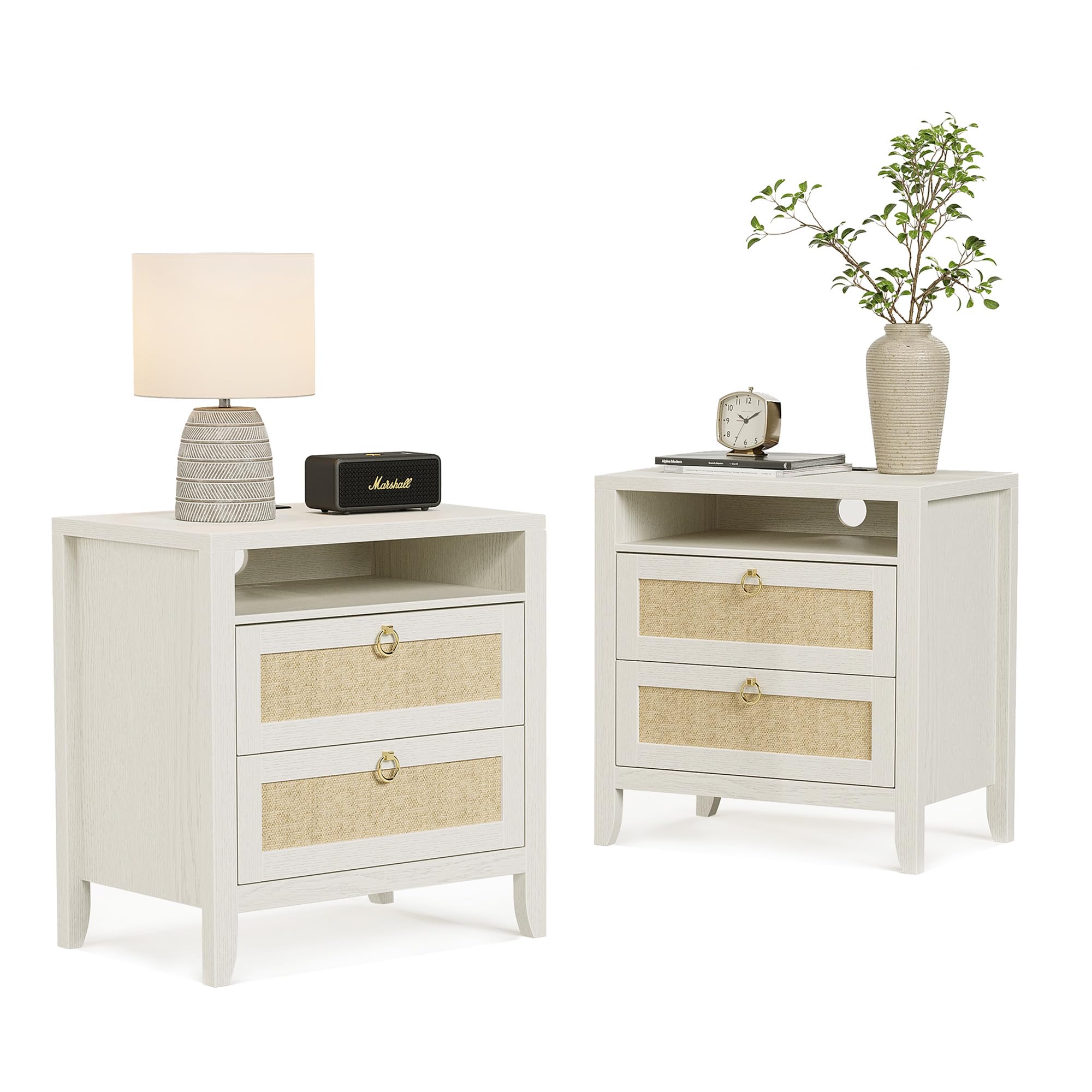 23.6" White Night Stand Set of 2, Rattan Nightstands