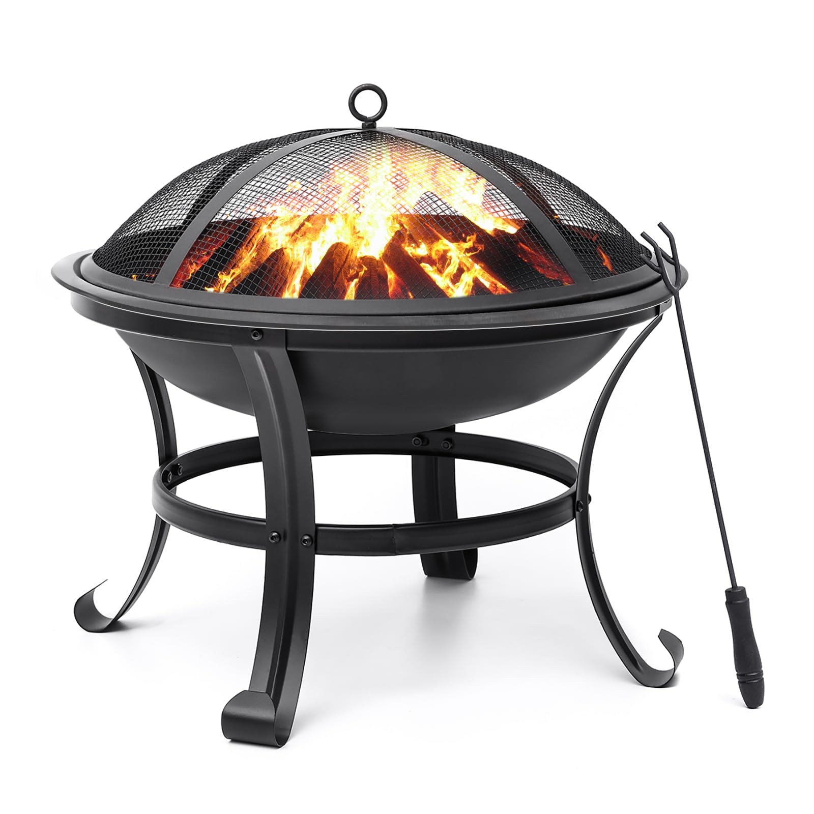 Round Steel Wood-Burning Fire Pit with Spark Screen & Poker