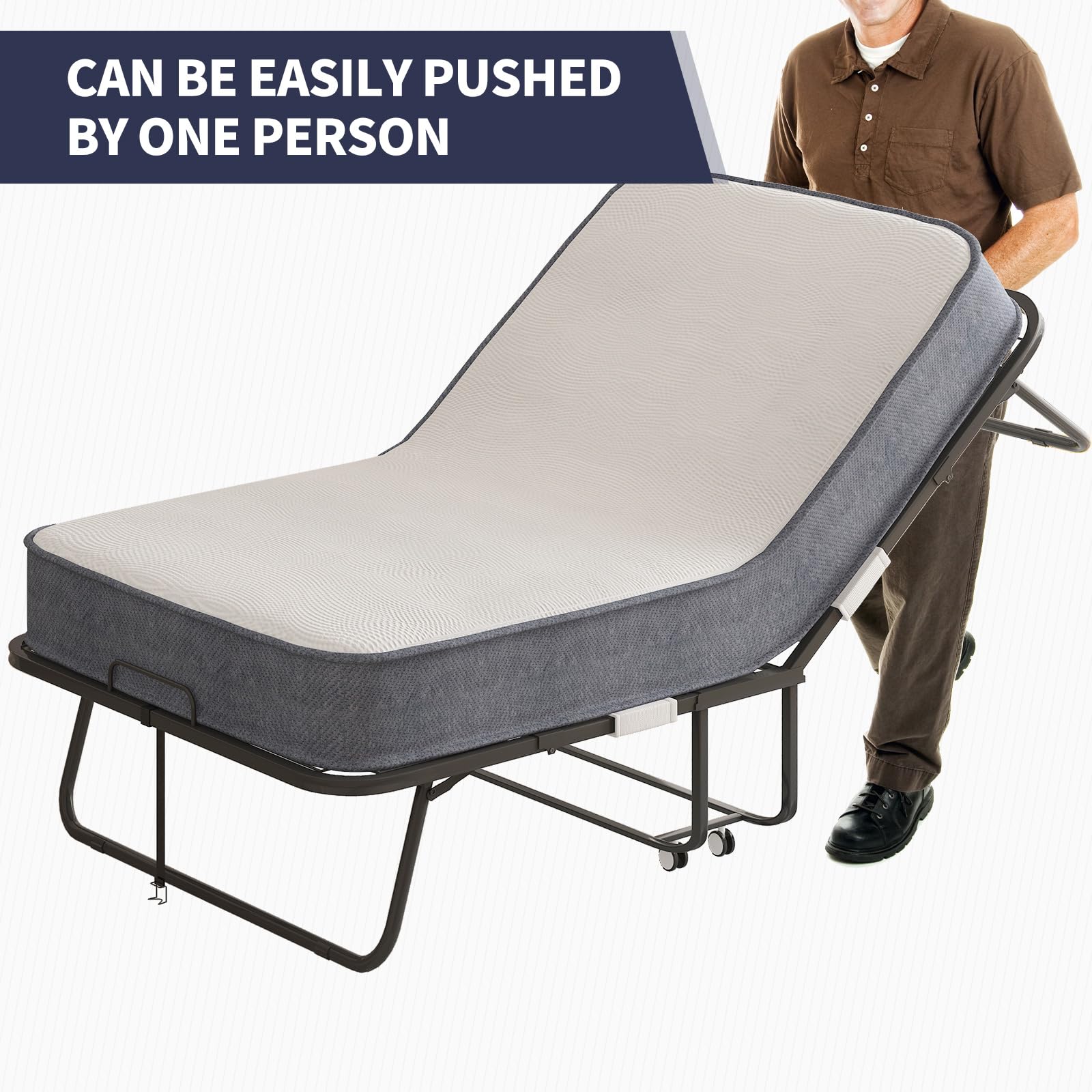 Folding Bed with 4" Mattress, 75" x 46" Rollaway Bed with 4 Lockable Wheels